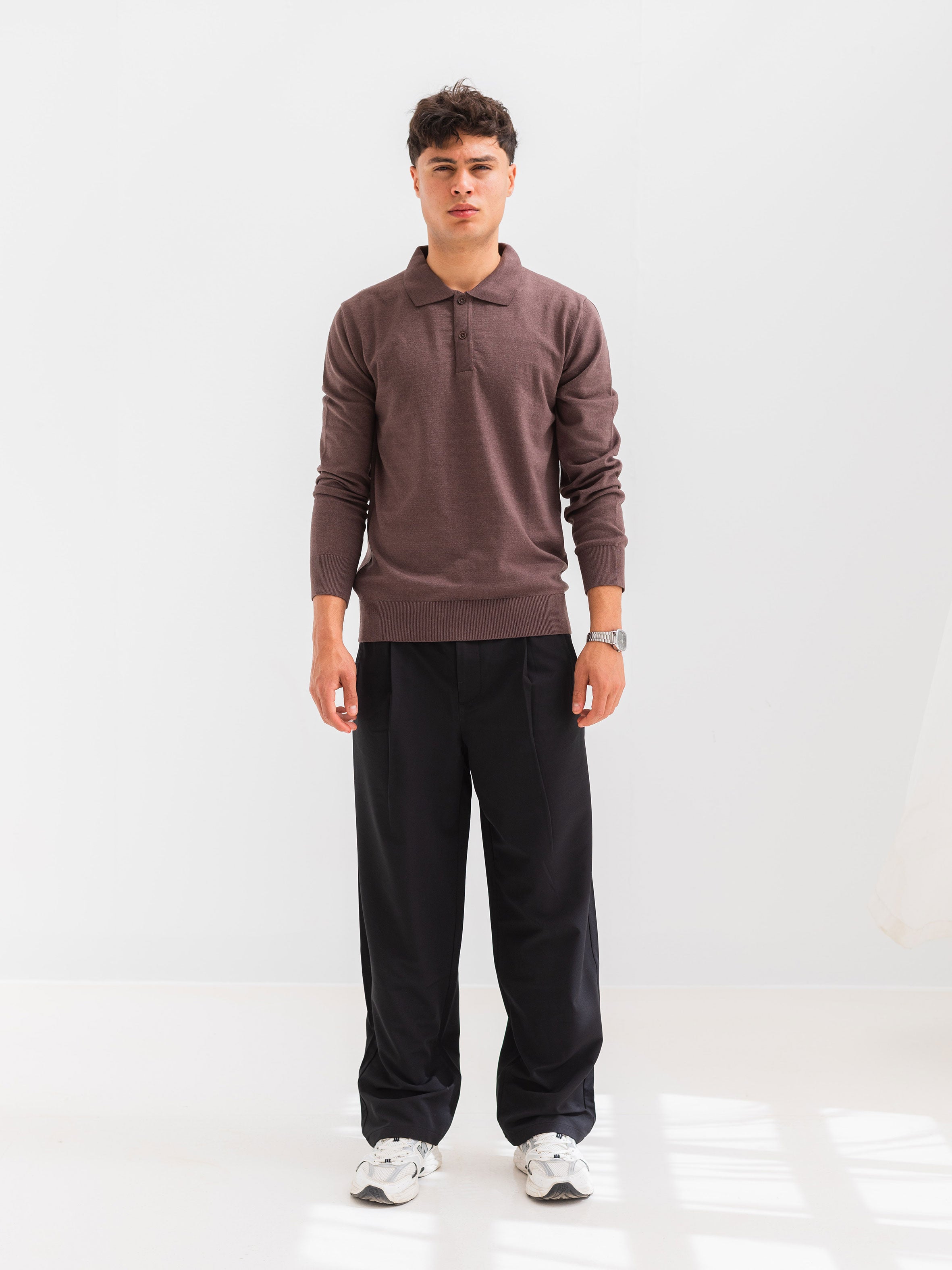 SOFT KNIT POLO SHIRT LONG SLEEVE - BROWN