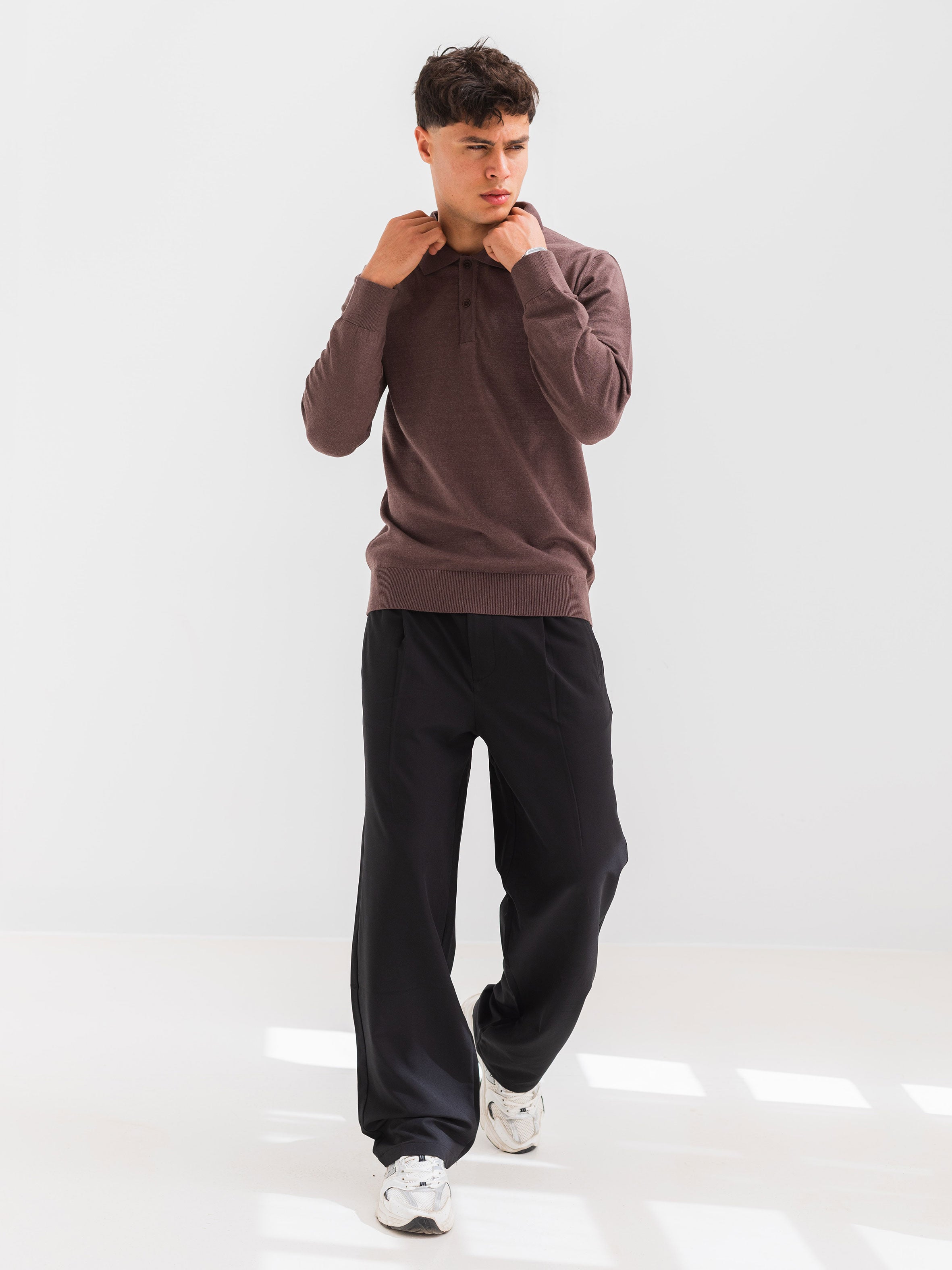 SOFT KNIT POLO SHIRT LONG SLEEVE - BROWN