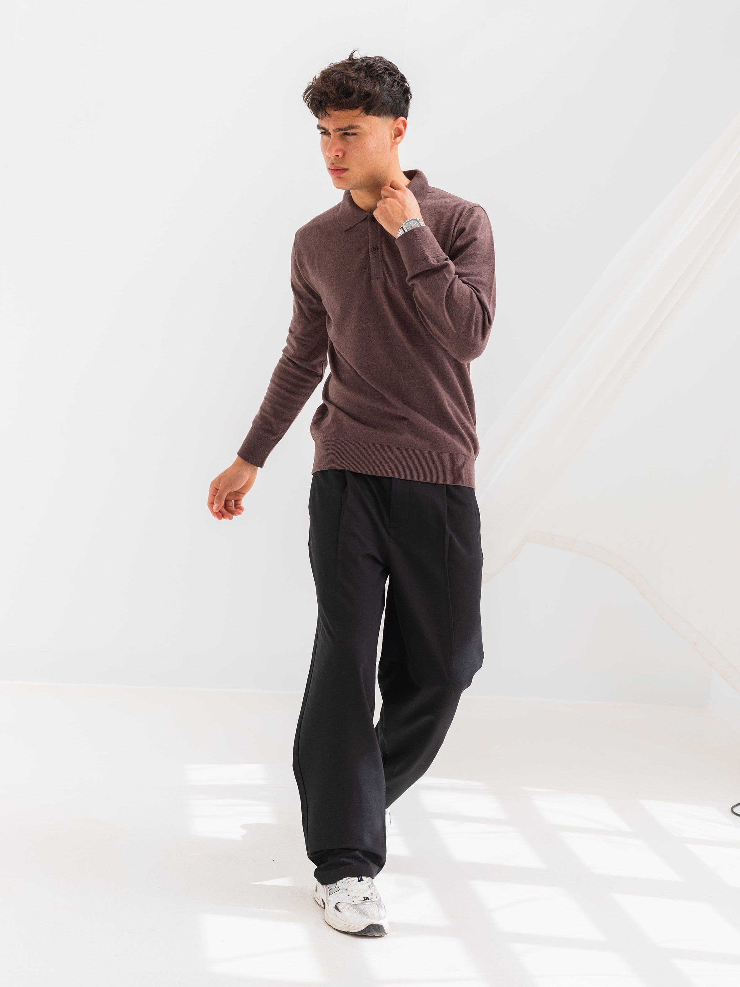 SOFT KNIT POLO SHIRT LONG SLEEVE - BROWN