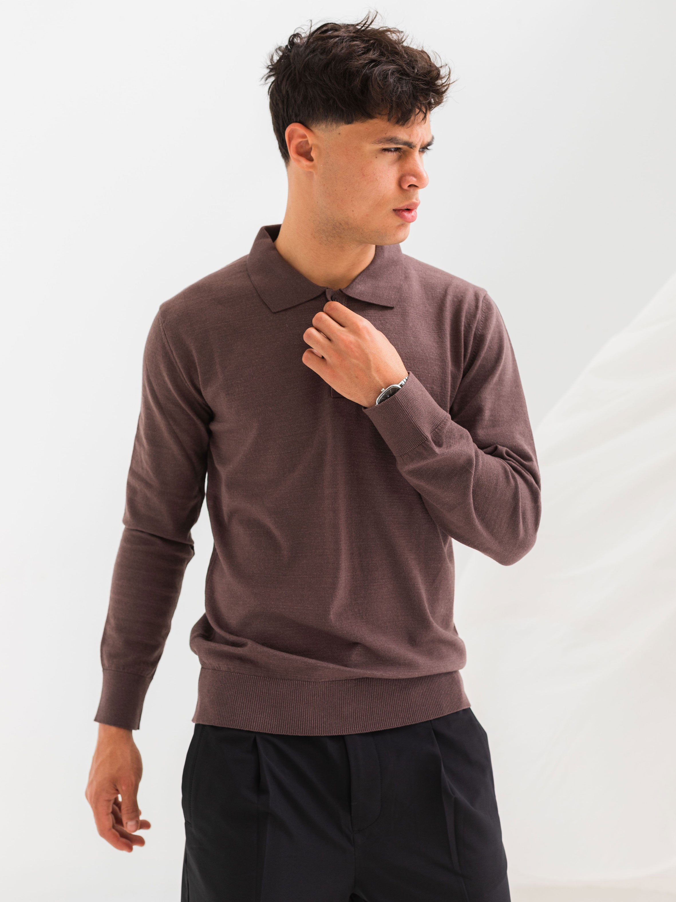 SOFT KNIT POLO SHIRT LONG SLEEVE - BROWN