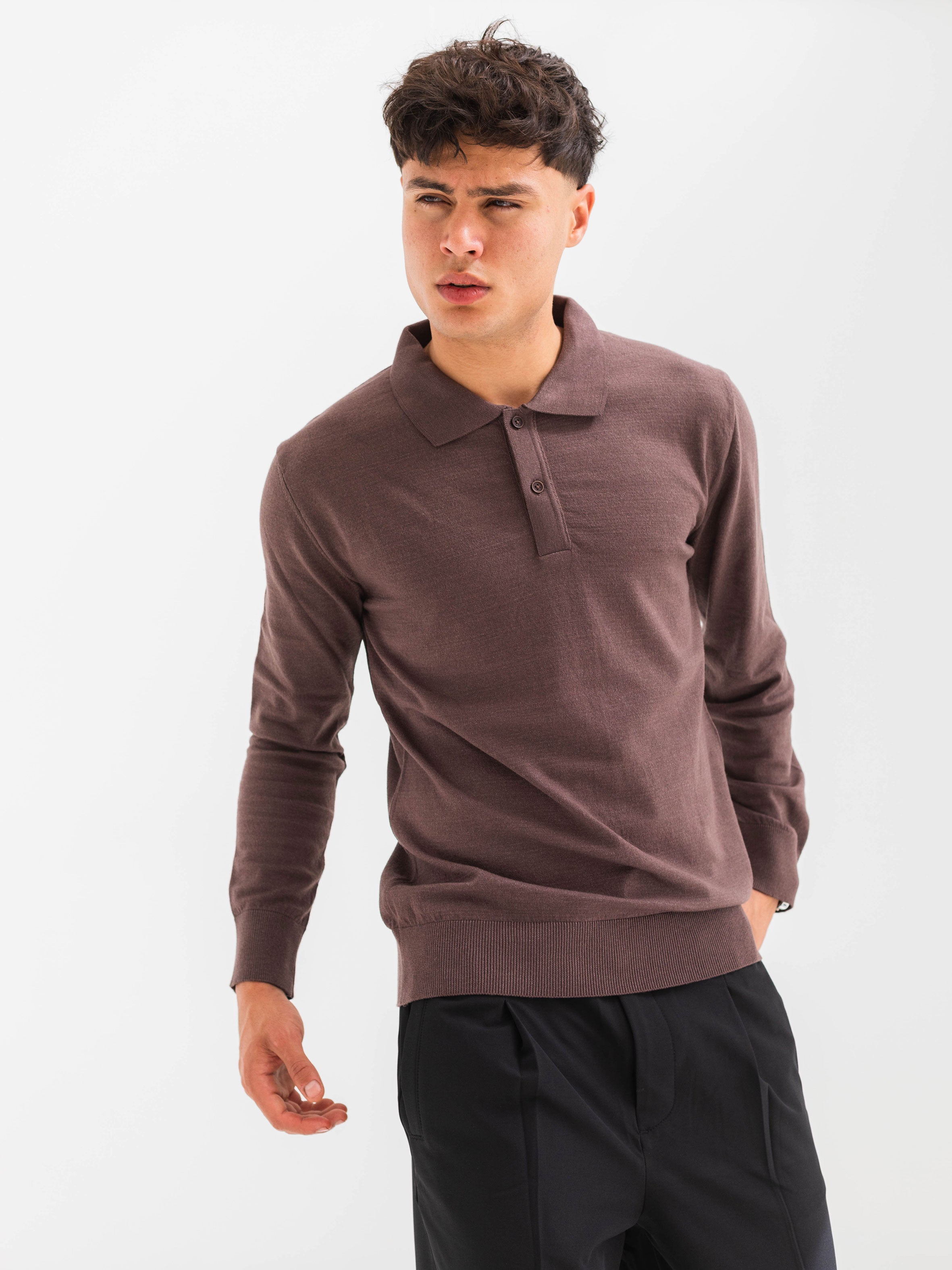 SOFT KNIT POLO SHIRT LONG SLEEVE - BROWN