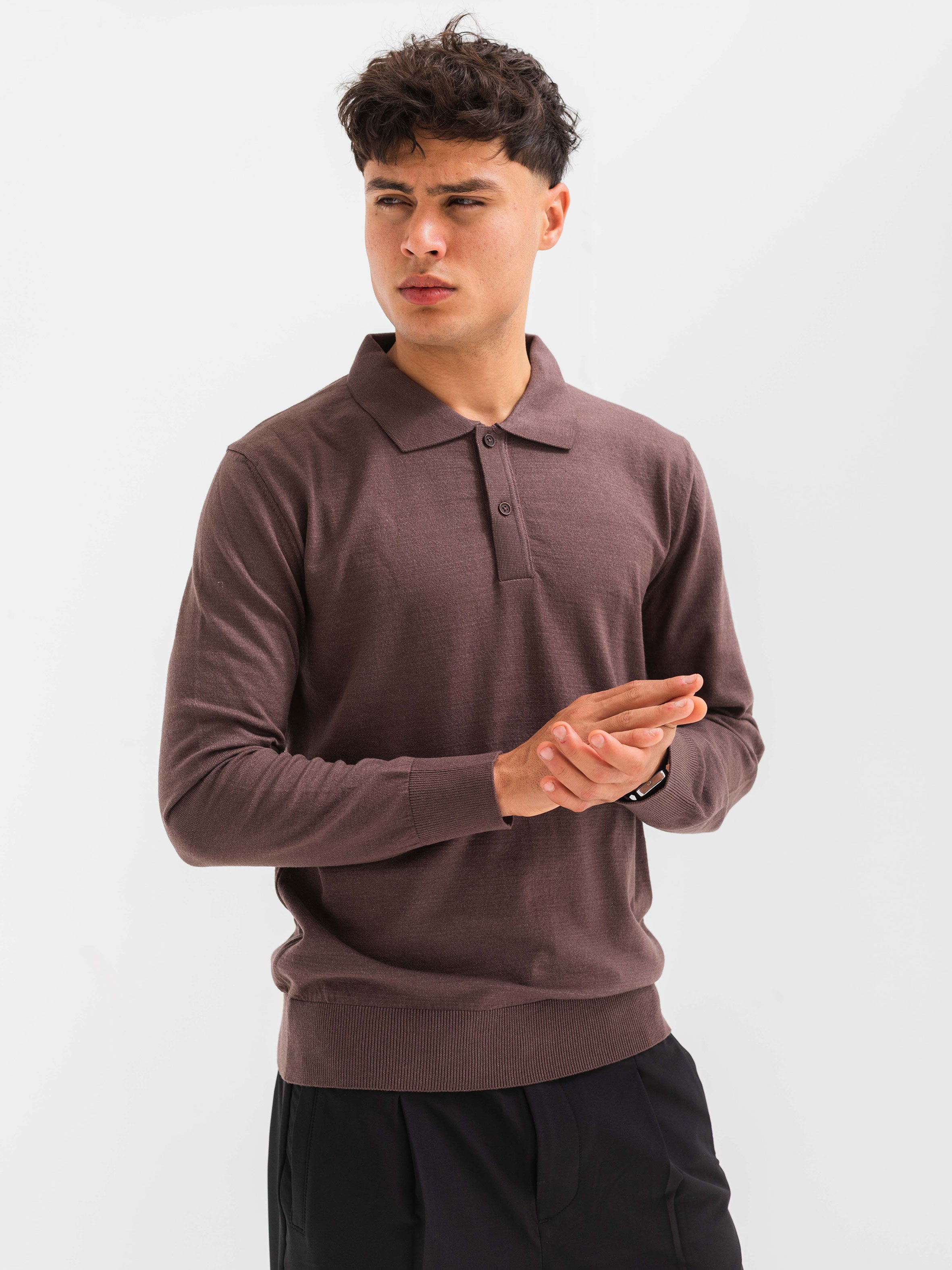 SOFT KNIT POLO SHIRT LONG SLEEVE - BROWN
