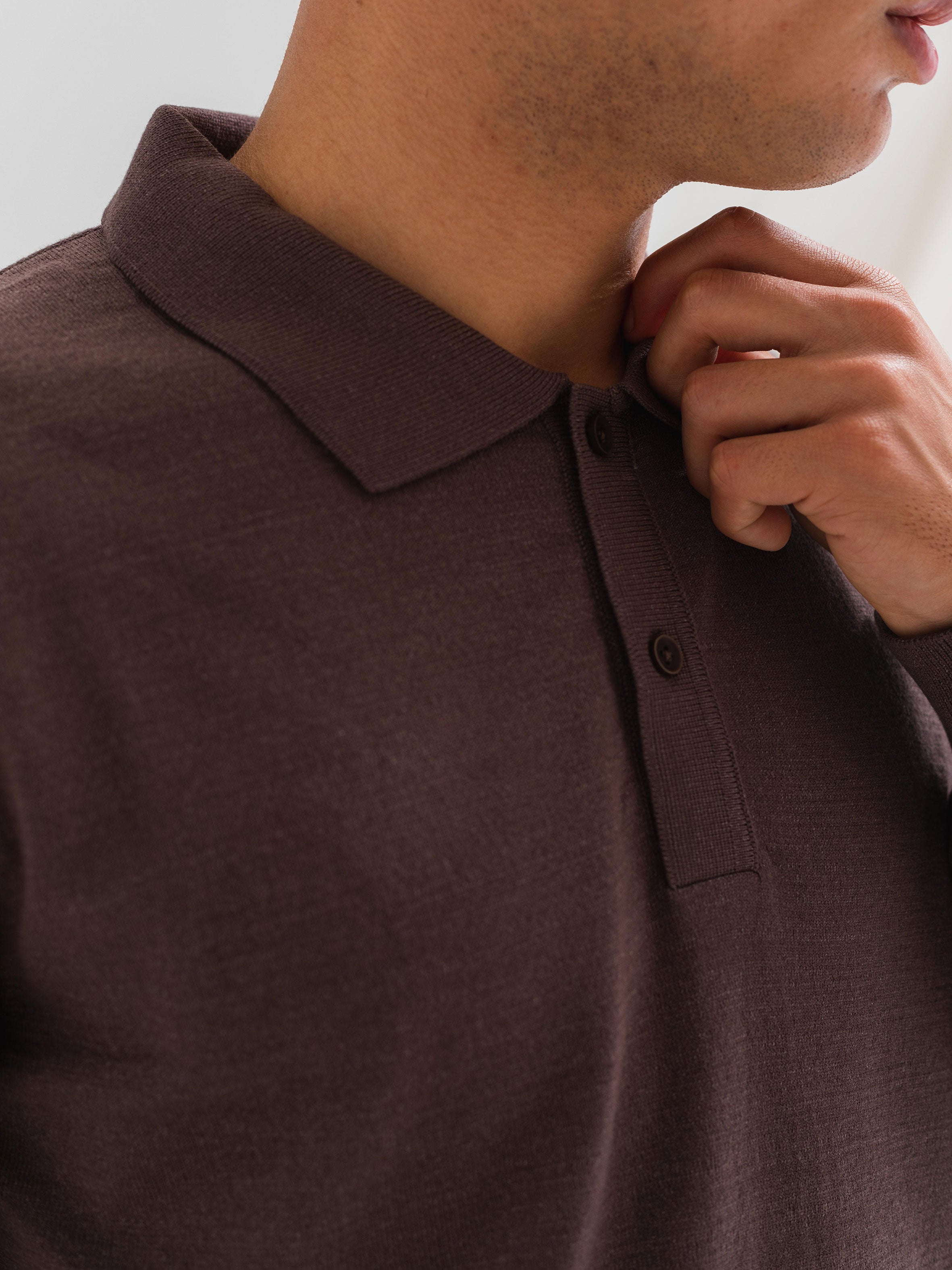 SOFT KNIT POLO SHIRT LONG SLEEVE - BROWN