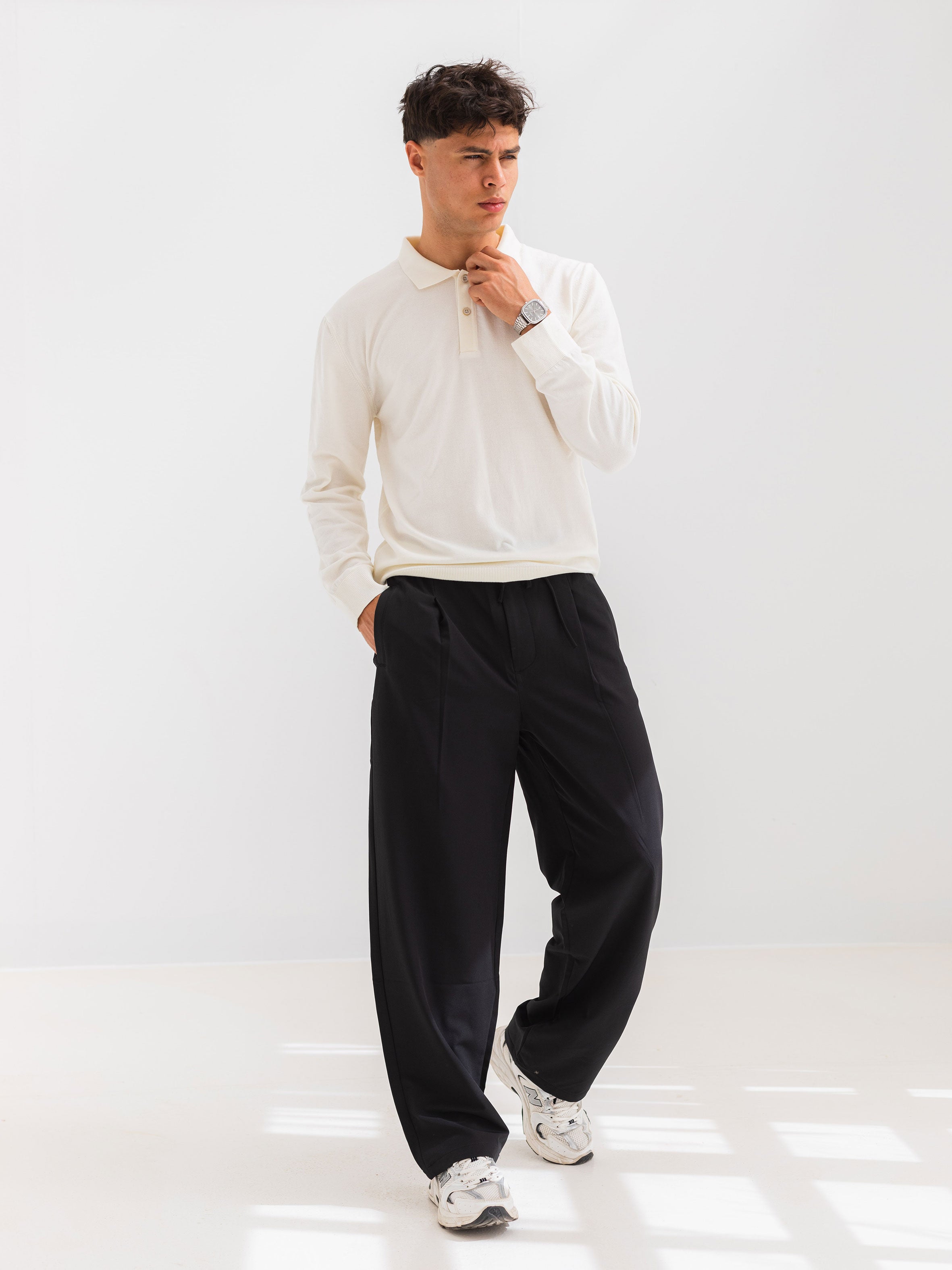 SOFT KNIT POLO SHIRT LONG SLEEVE - OFF-WHITE