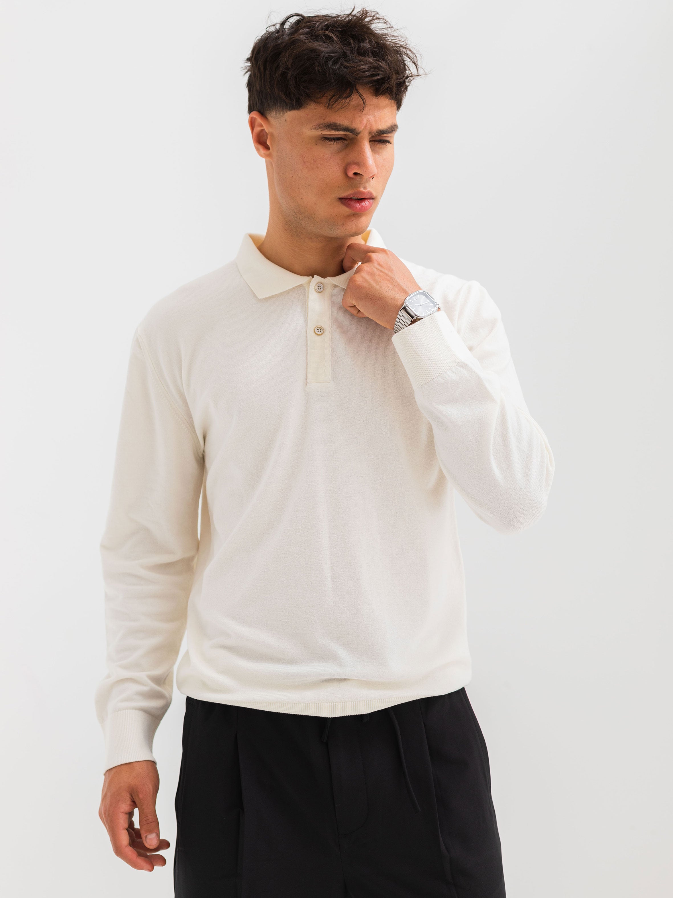SOFT KNIT POLO SHIRT LONG SLEEVE - OFF-WHITE