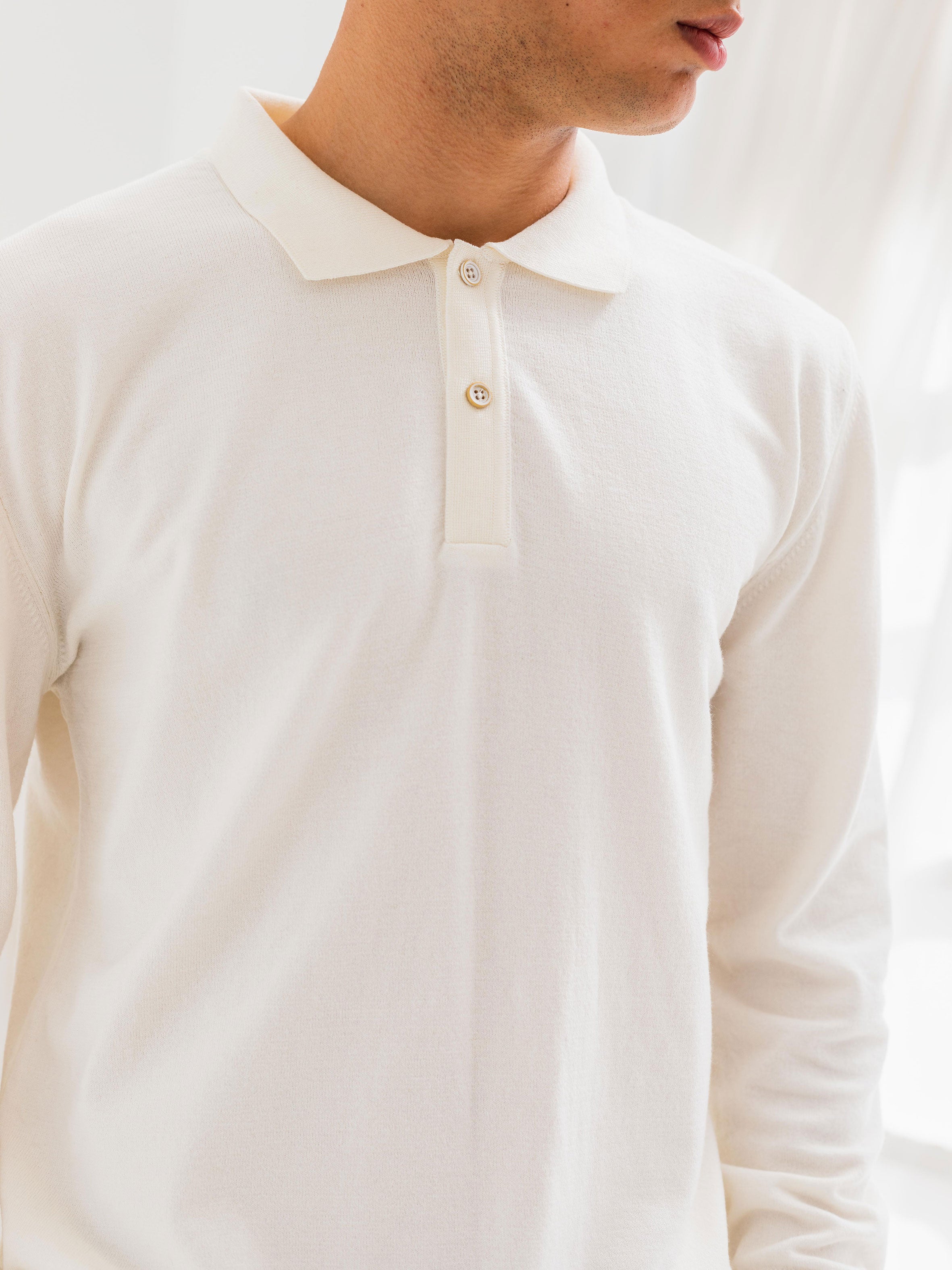 SOFT KNIT POLO SHIRT LONG SLEEVE - OFF-WHITE