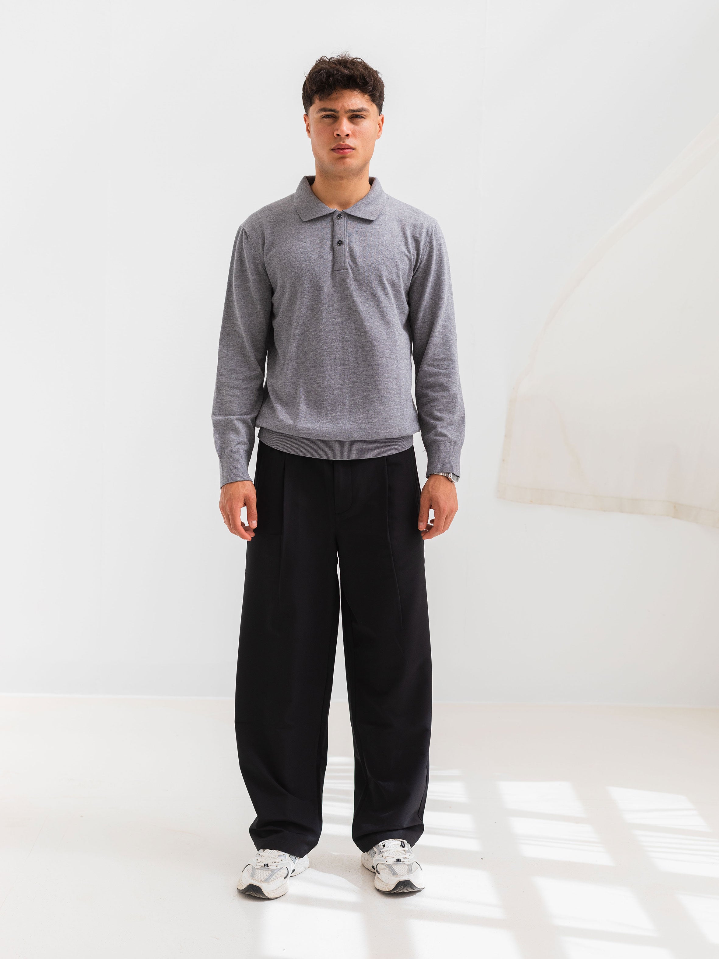 SOFT KNIT POLO SHIRT LONG SLEEVE - GRAY