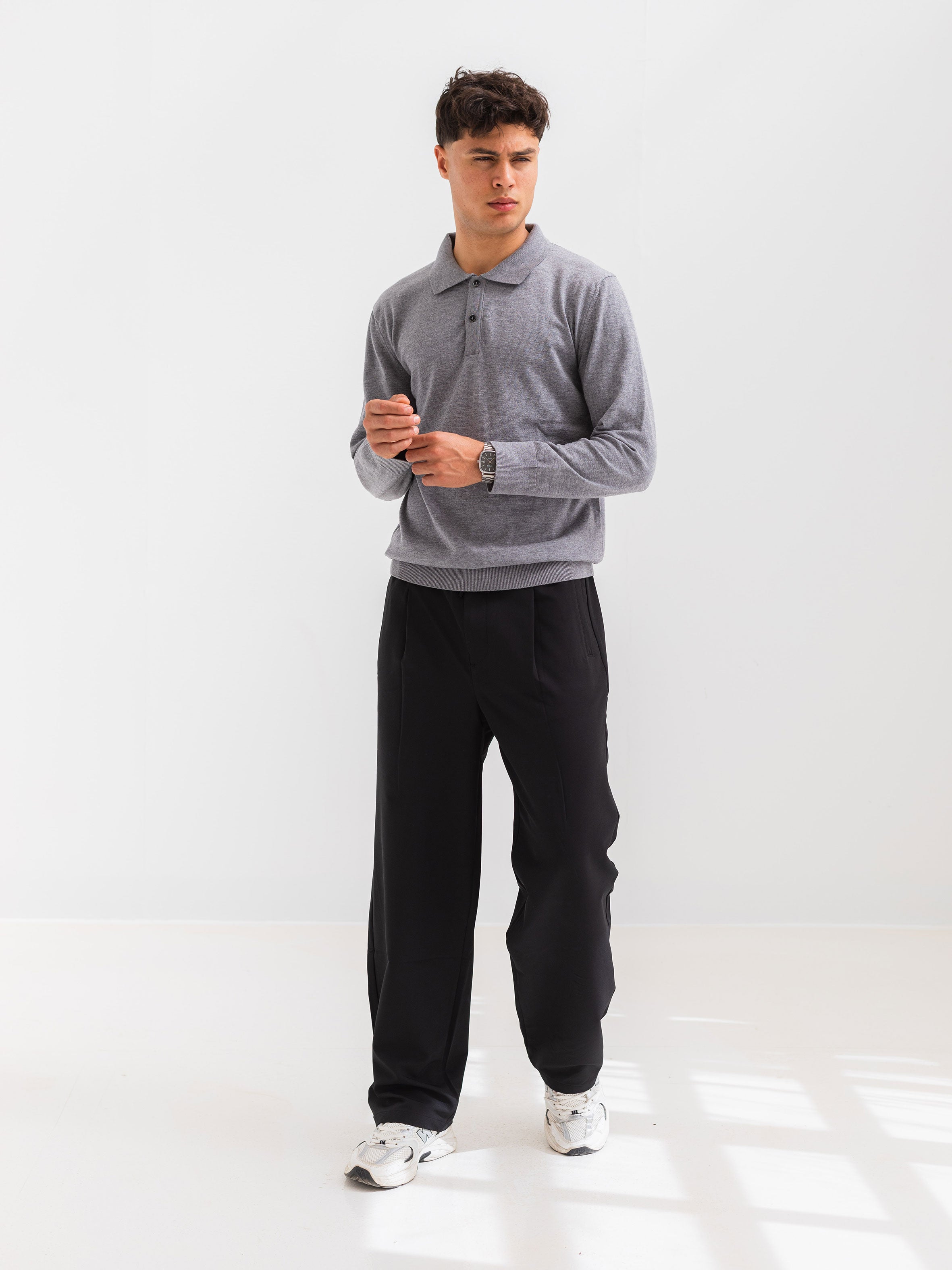 SOFT KNIT POLO SHIRT LONG SLEEVE - GRAY