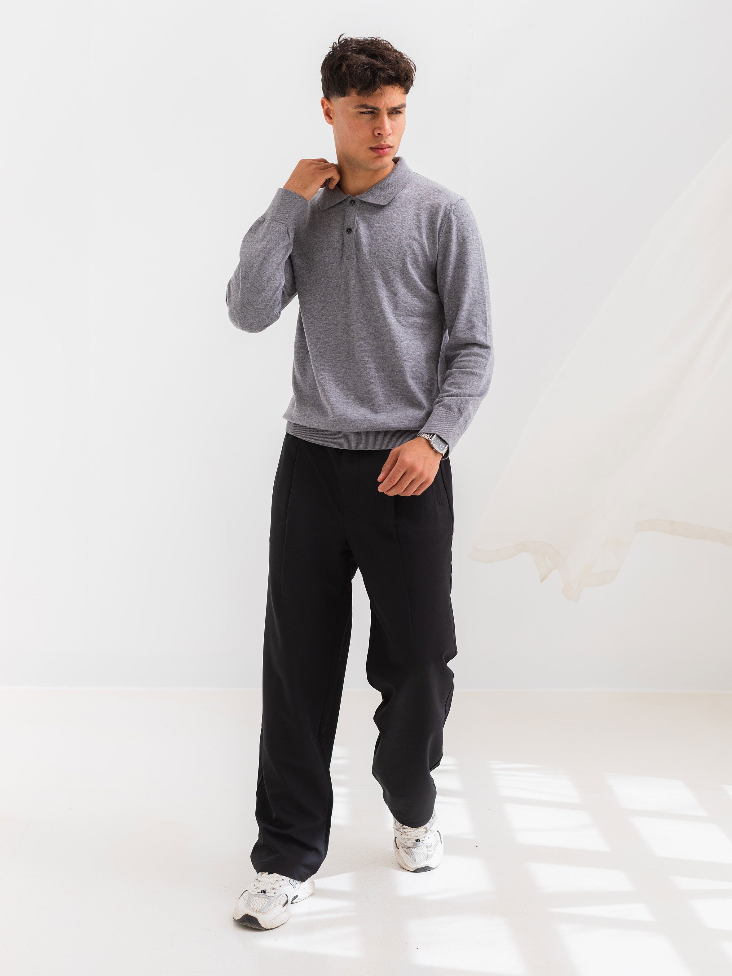 SOFT KNIT POLO SHIRT LONG SLEEVE - GRAY