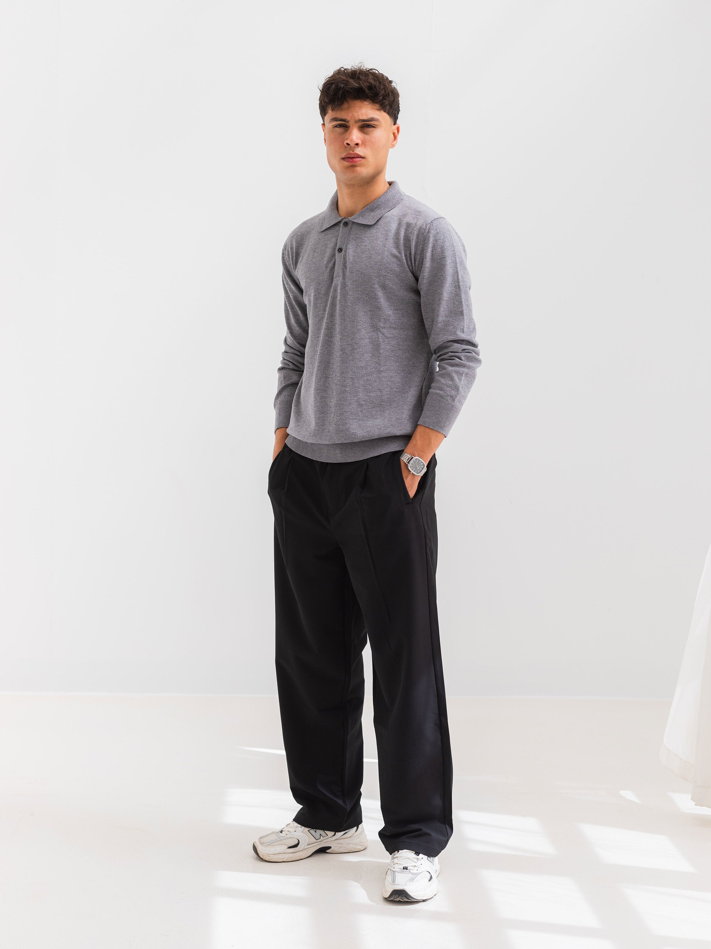 SOFT KNIT POLO SHIRT LONG SLEEVE - GRAY