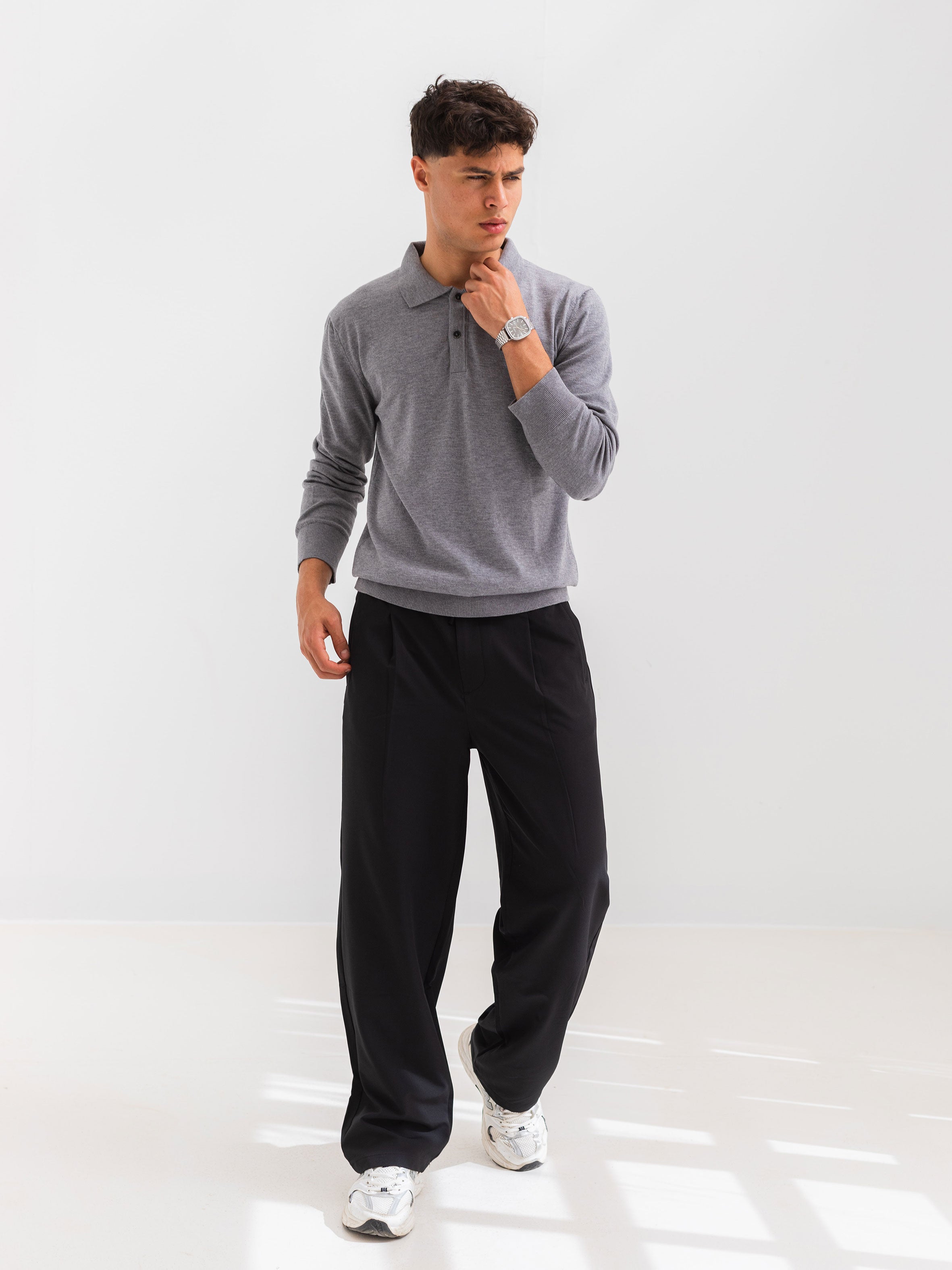 SOFT KNIT POLO SHIRT LONG SLEEVE - GRAY