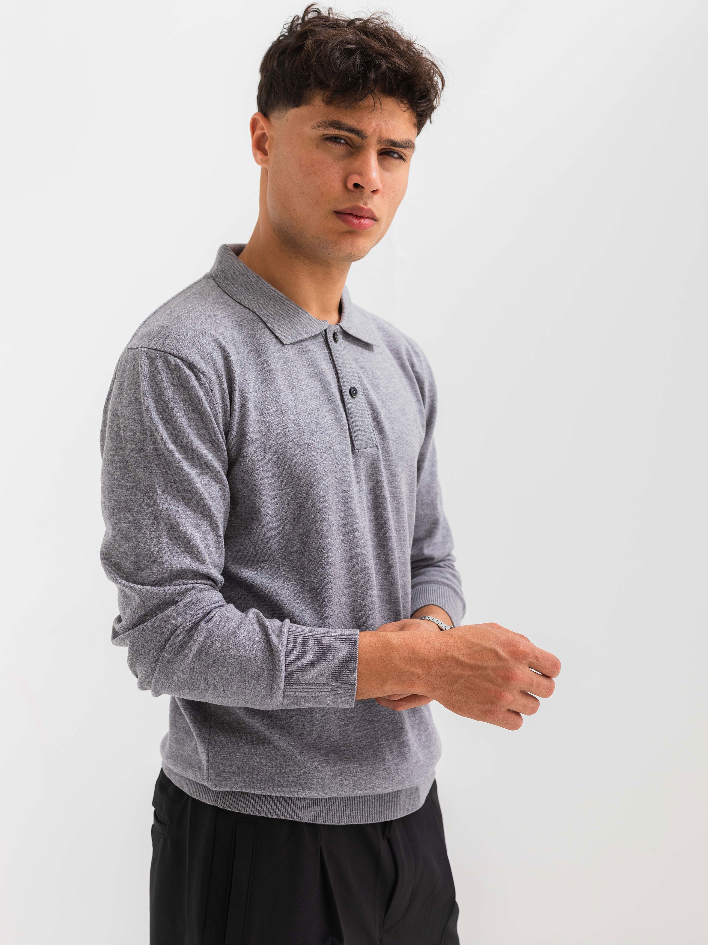 SOFT KNIT POLO SHIRT LONG SLEEVE - GRAY