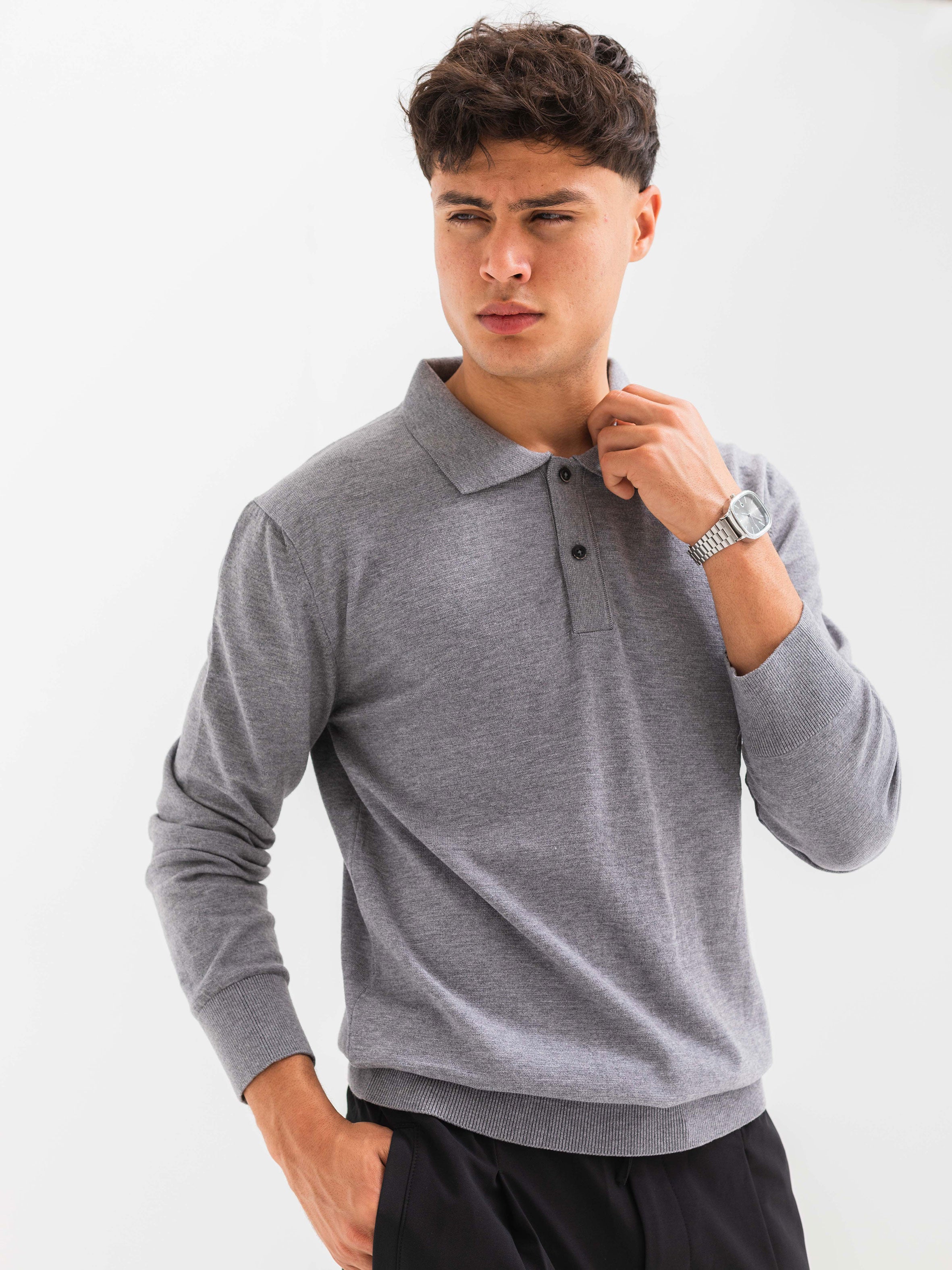 SOFT KNIT POLO SHIRT LONG SLEEVE - GRAY