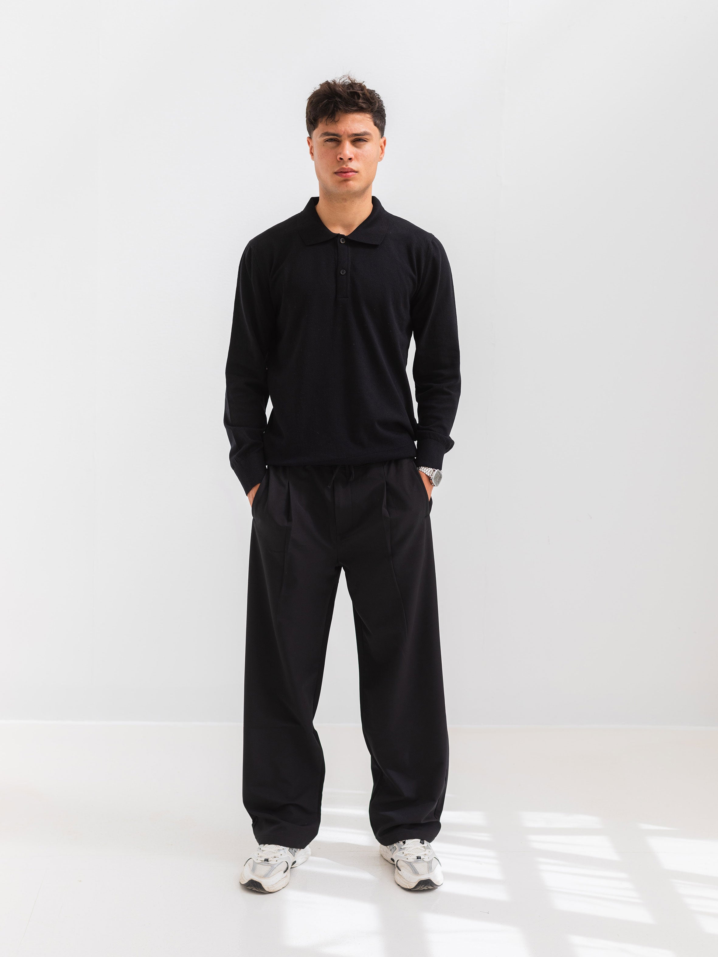 SOFT KNIT POLO SHIRT LONG SLEEVE - BLACK