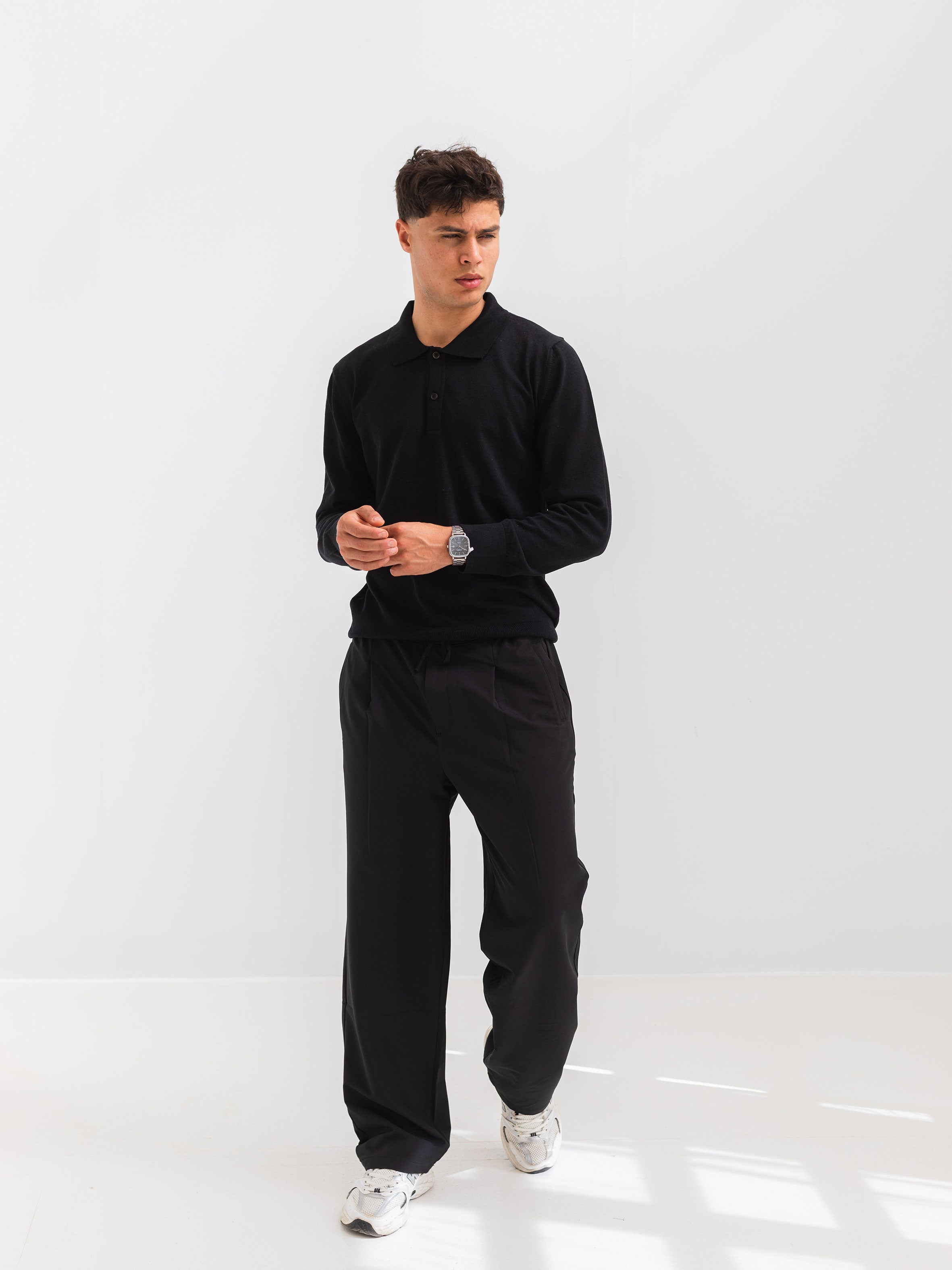 SOFT KNIT POLO SHIRT LONG SLEEVE - BLACK