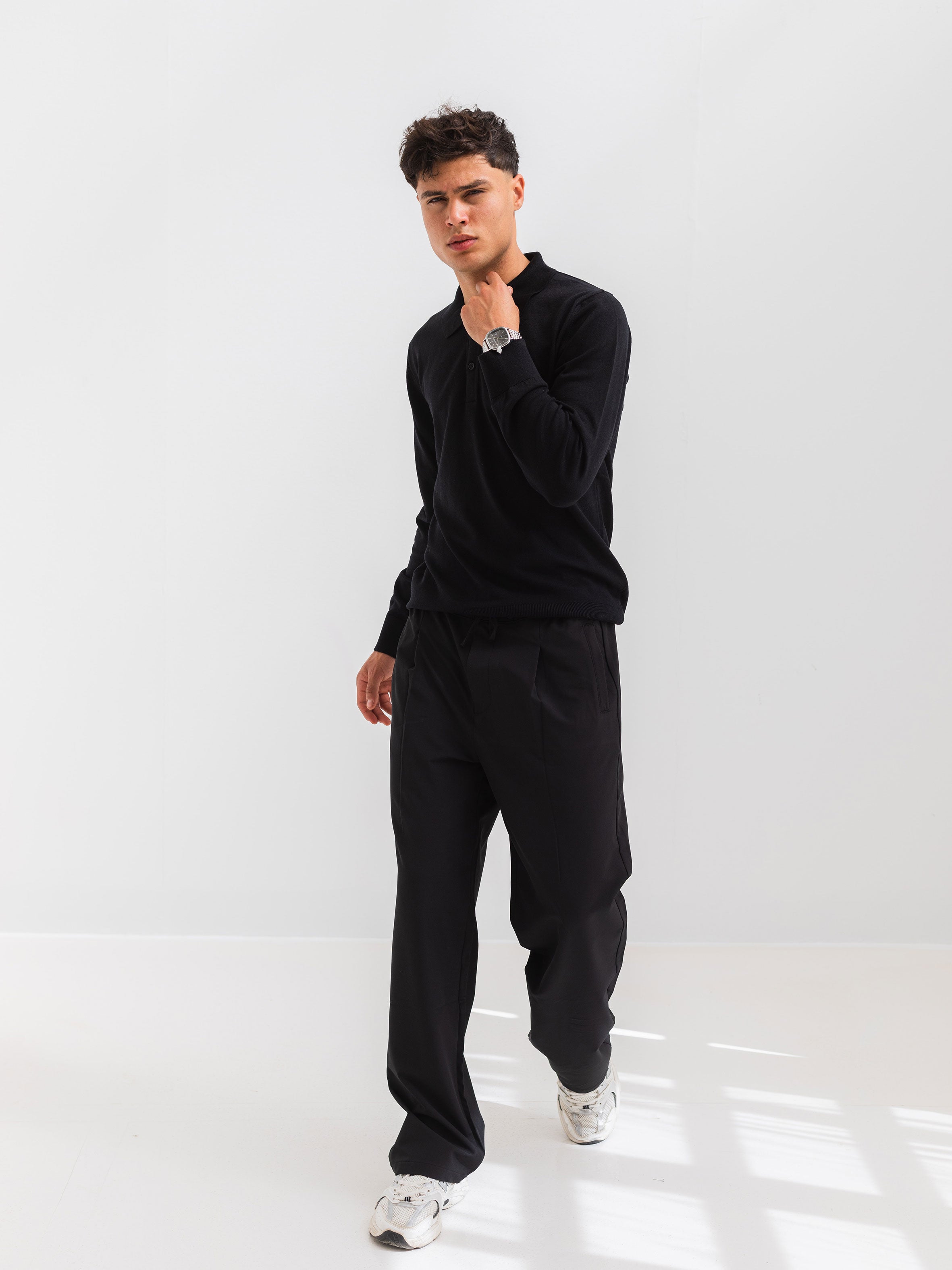 SOFT KNIT POLO SHIRT LONG SLEEVE - BLACK