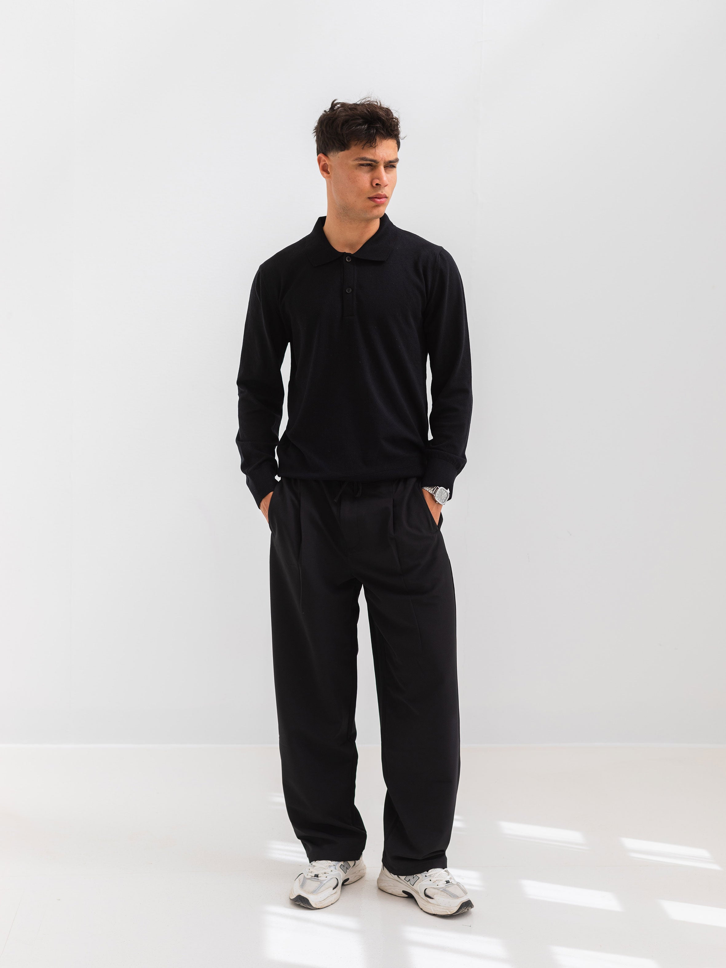 SOFT KNIT POLO SHIRT LONG SLEEVE - BLACK