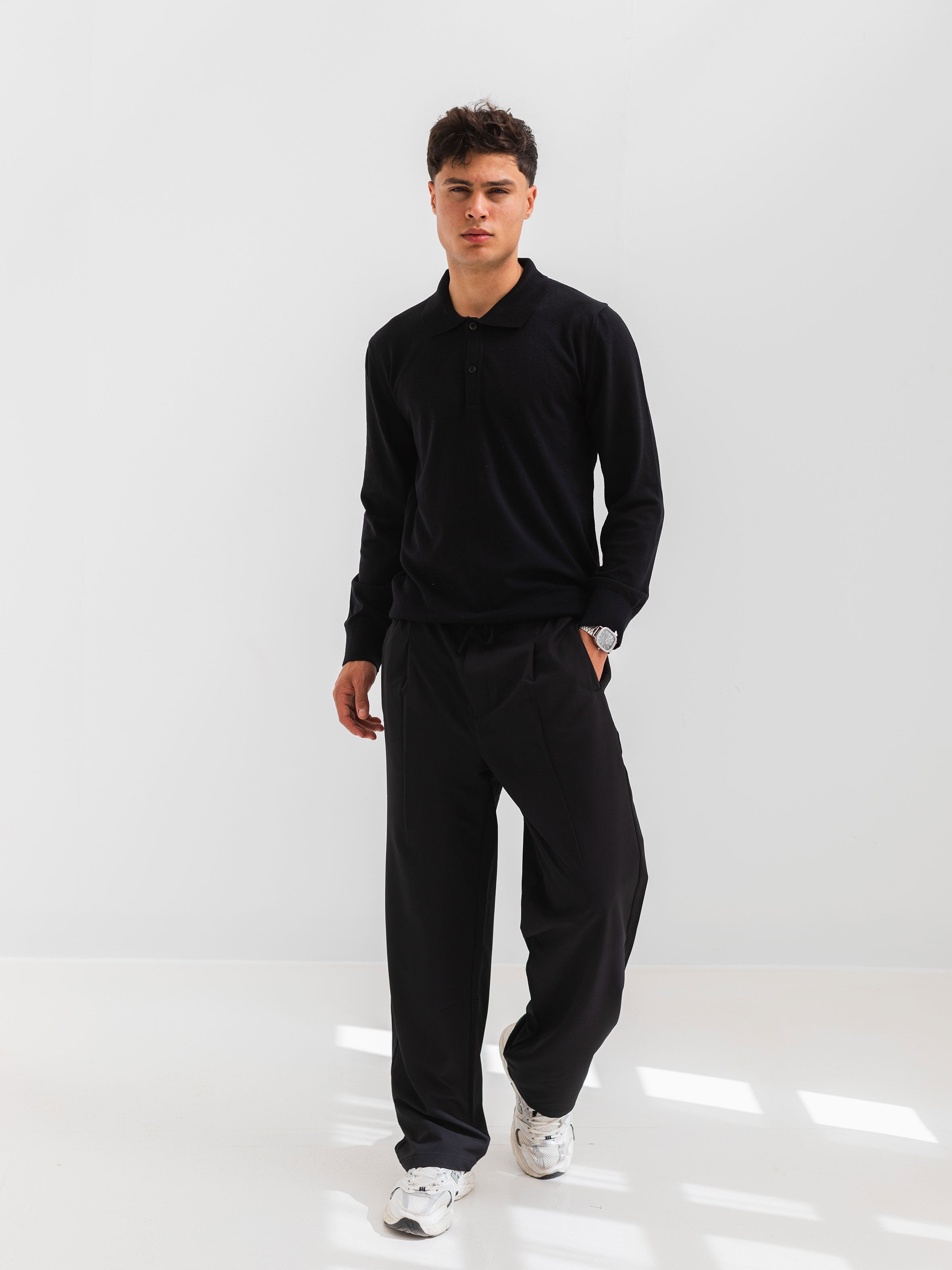 SOFT KNIT POLO SHIRT LONG SLEEVE - BLACK