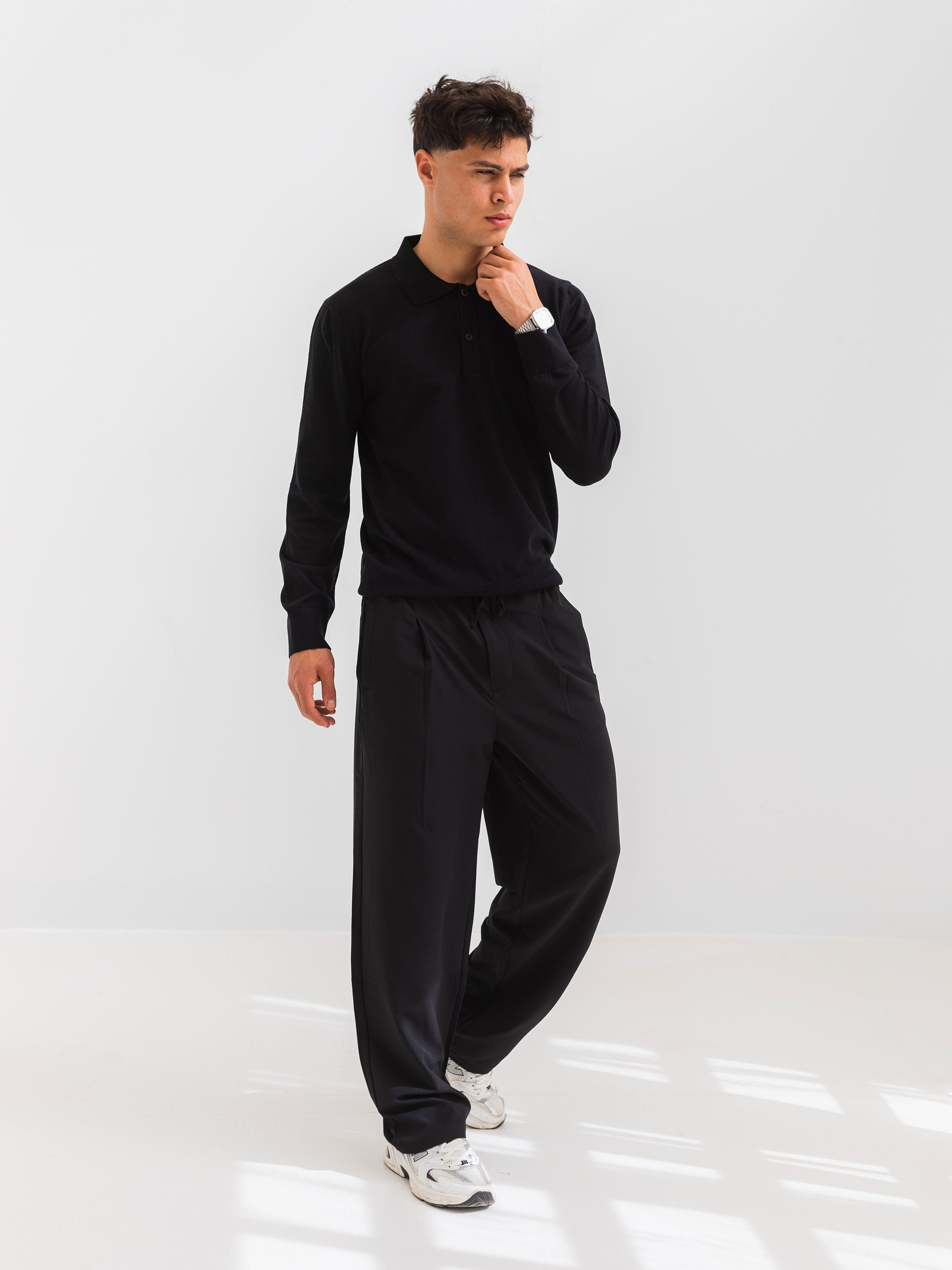 SOFT KNIT POLO SHIRT LONG SLEEVE - BLACK
