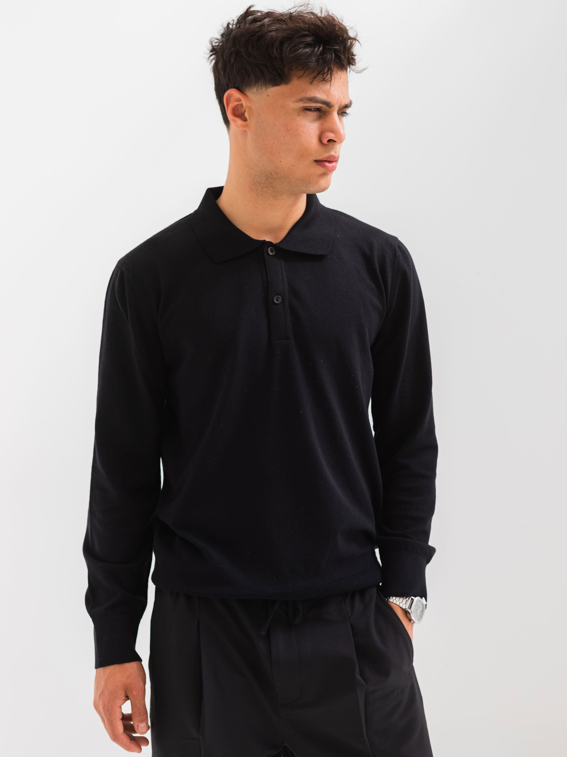 SOFT KNIT POLO SHIRT LONG SLEEVE - BLACK