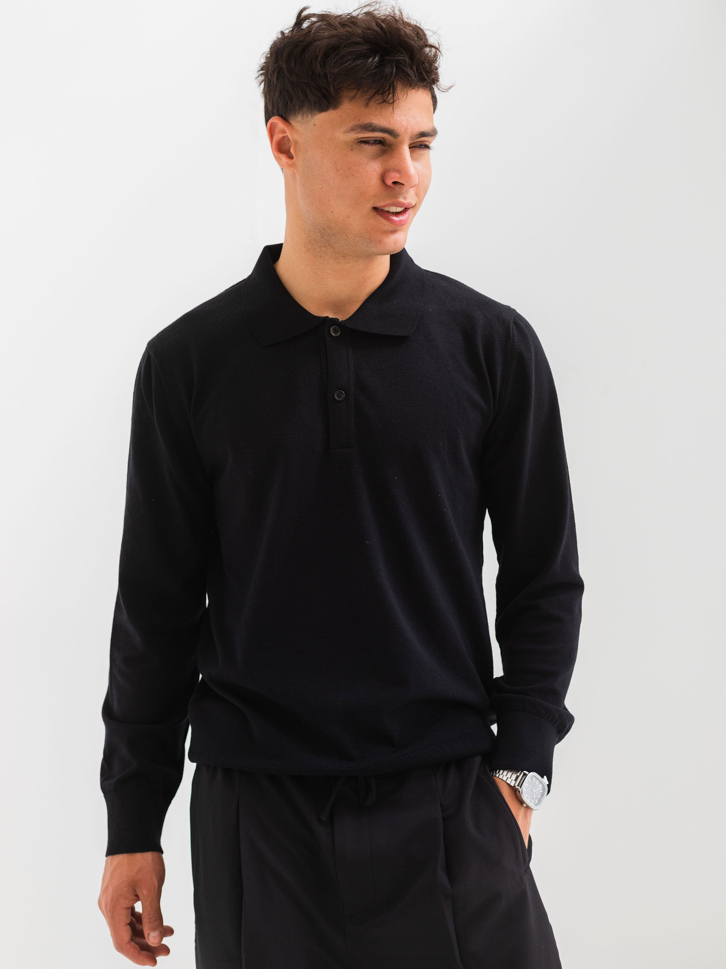 SOFT KNIT POLO SHIRT LONG SLEEVE - BLACK