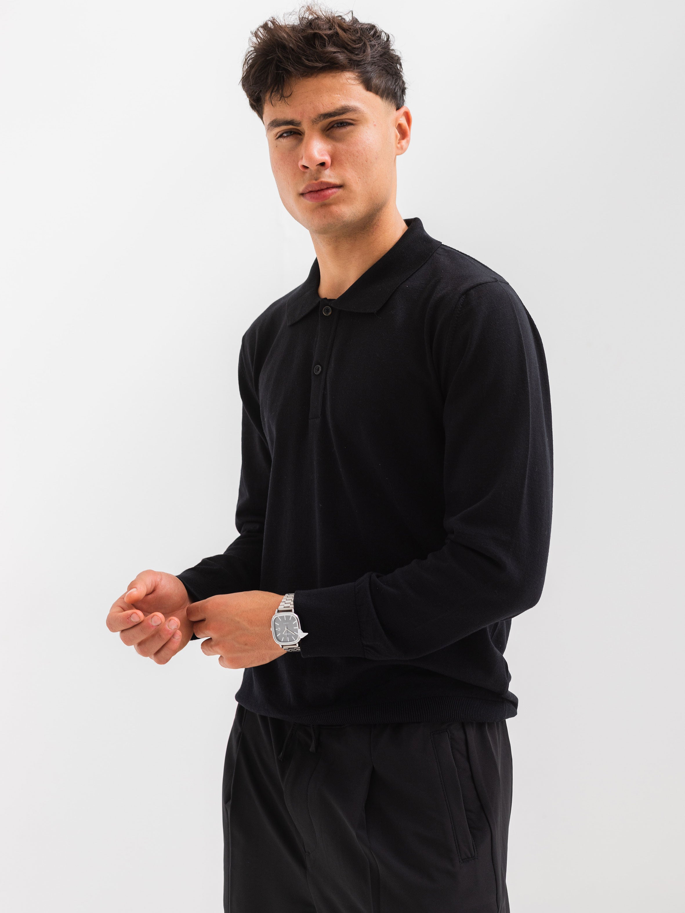 SOFT KNIT POLO SHIRT LONG SLEEVE - BLACK