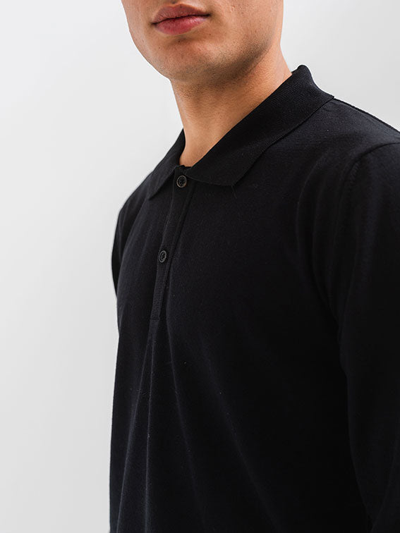 SOFT KNIT POLO SHIRT LONG SLEEVE - BLACK