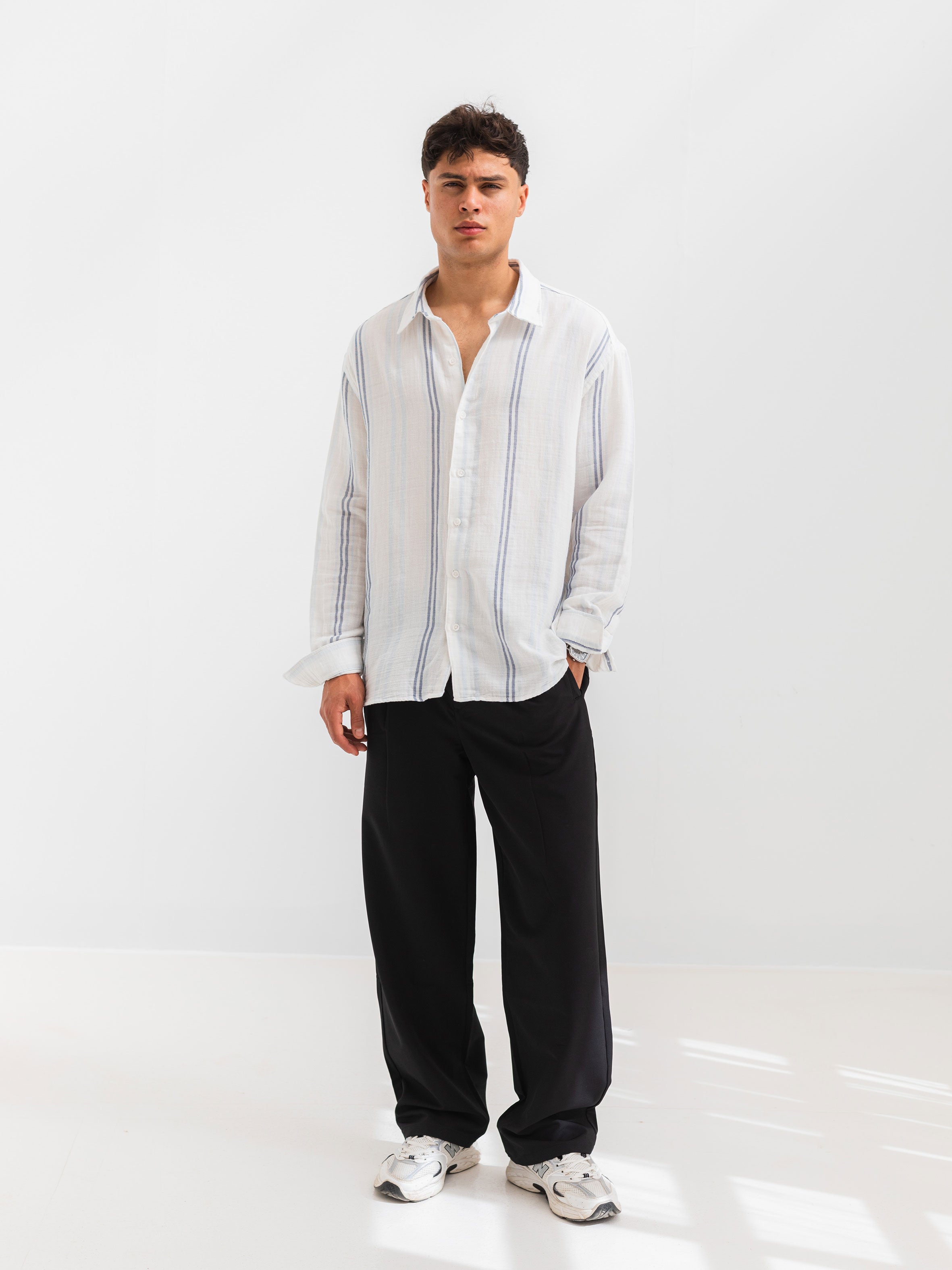 OVERSIZE FIT LINEN-COTTON SHIRT - Striped Sky Blue
