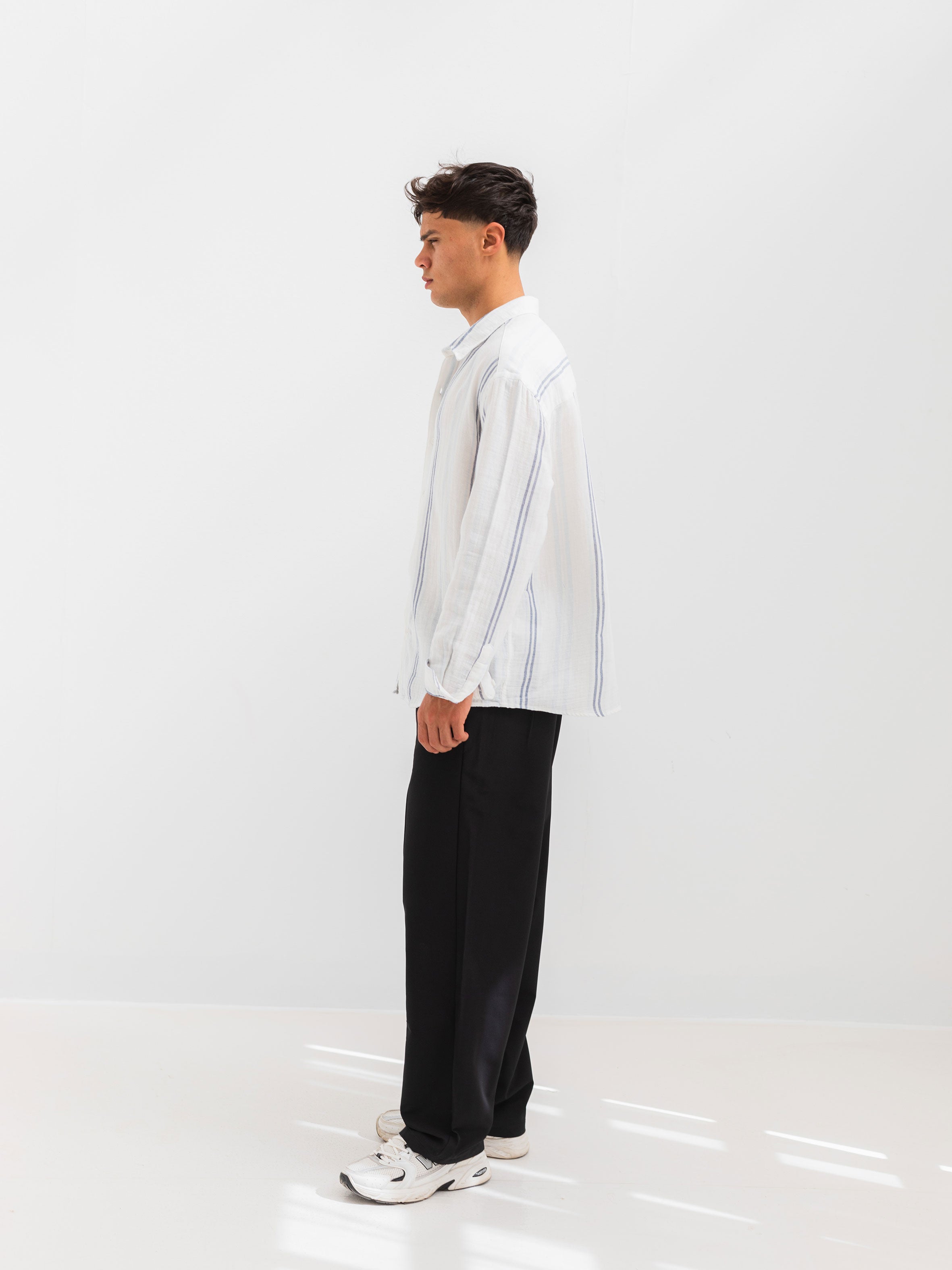 OVERSIZE FIT LINEN-COTTON SHIRT - Striped Sky Blue