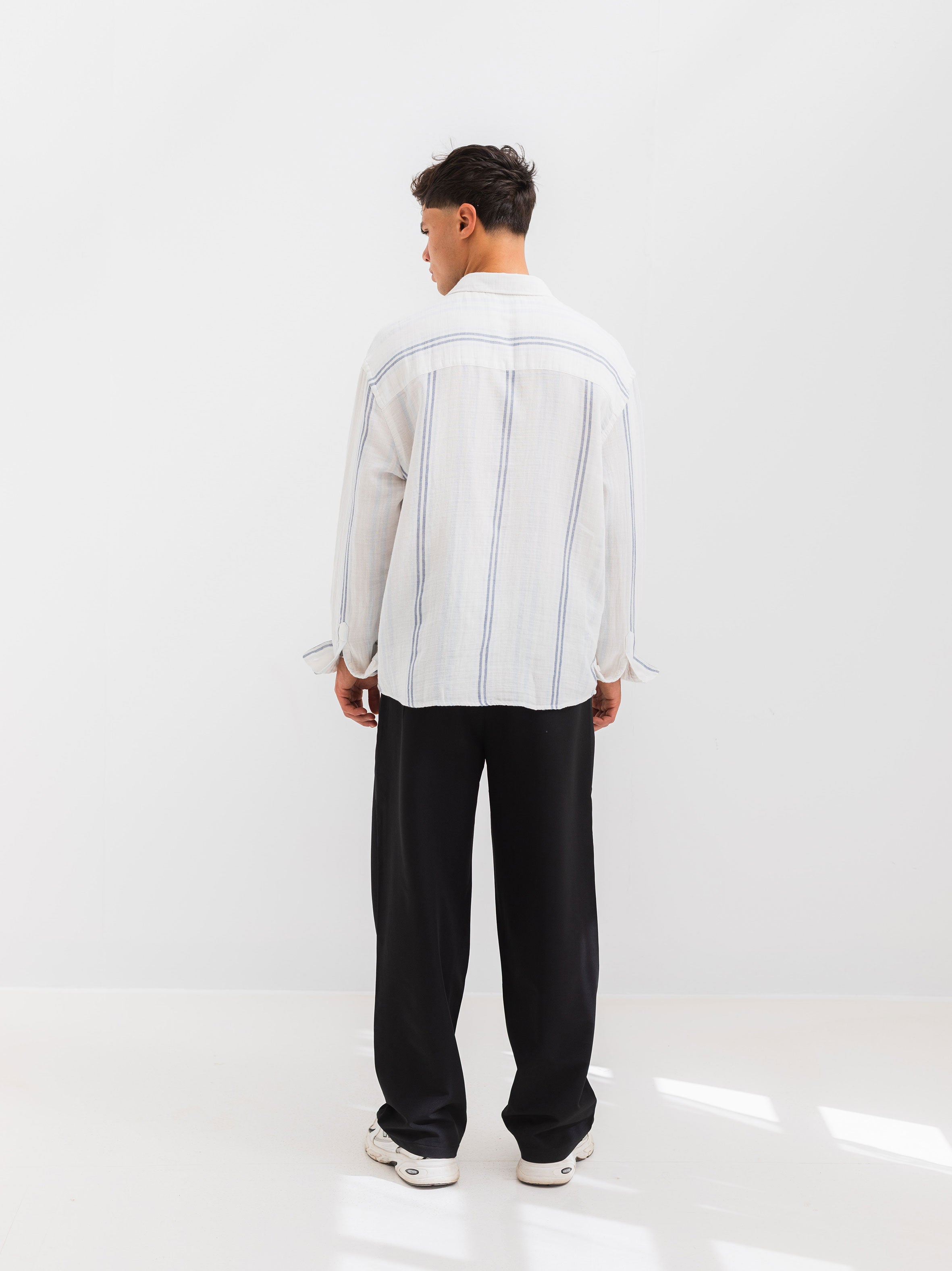 OVERSIZE FIT LINEN-COTTON SHIRT - Striped Sky Blue