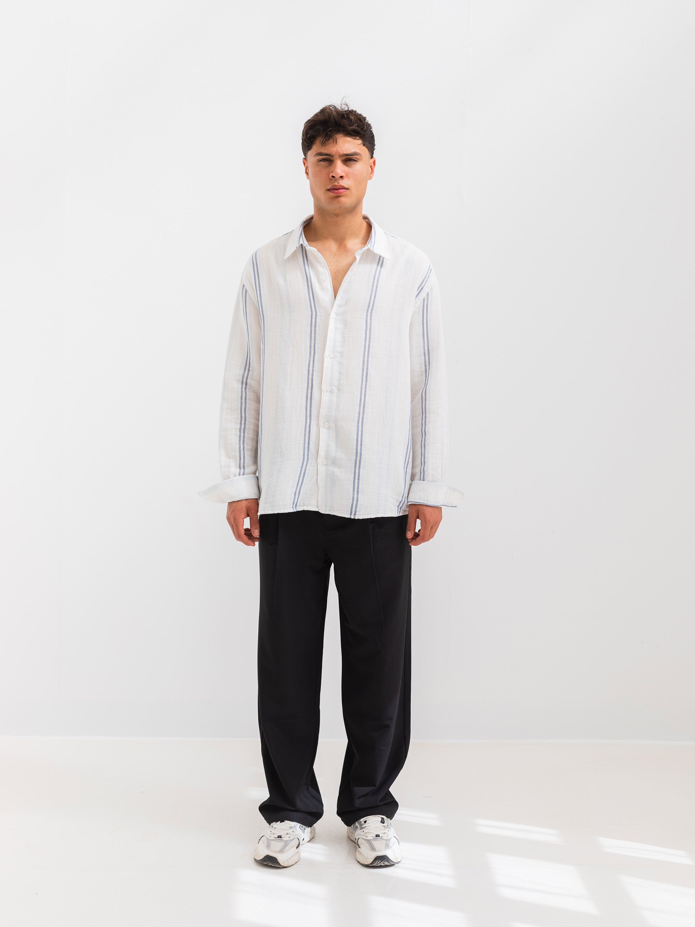OVERSIZE FIT LINEN-COTTON SHIRT - Striped Sky Blue