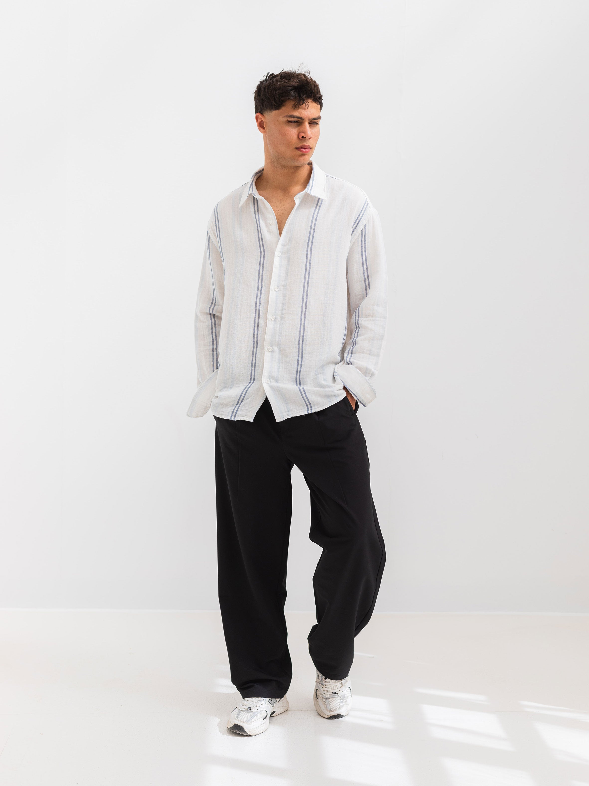 OVERSIZE FIT LINEN-COTTON SHIRT - Striped Sky Blue
