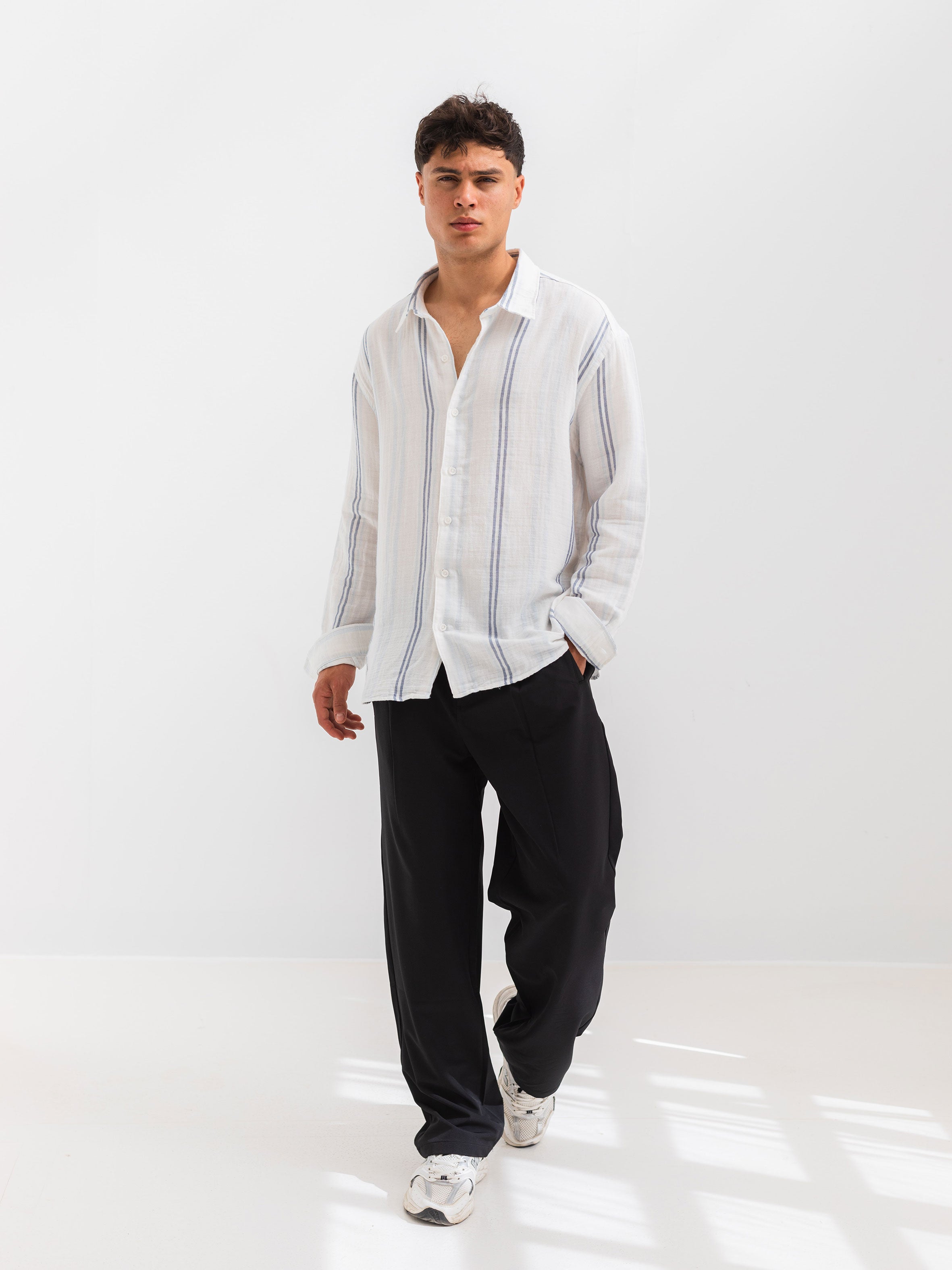 OVERSIZE FIT LINEN-COTTON SHIRT - Striped Sky Blue