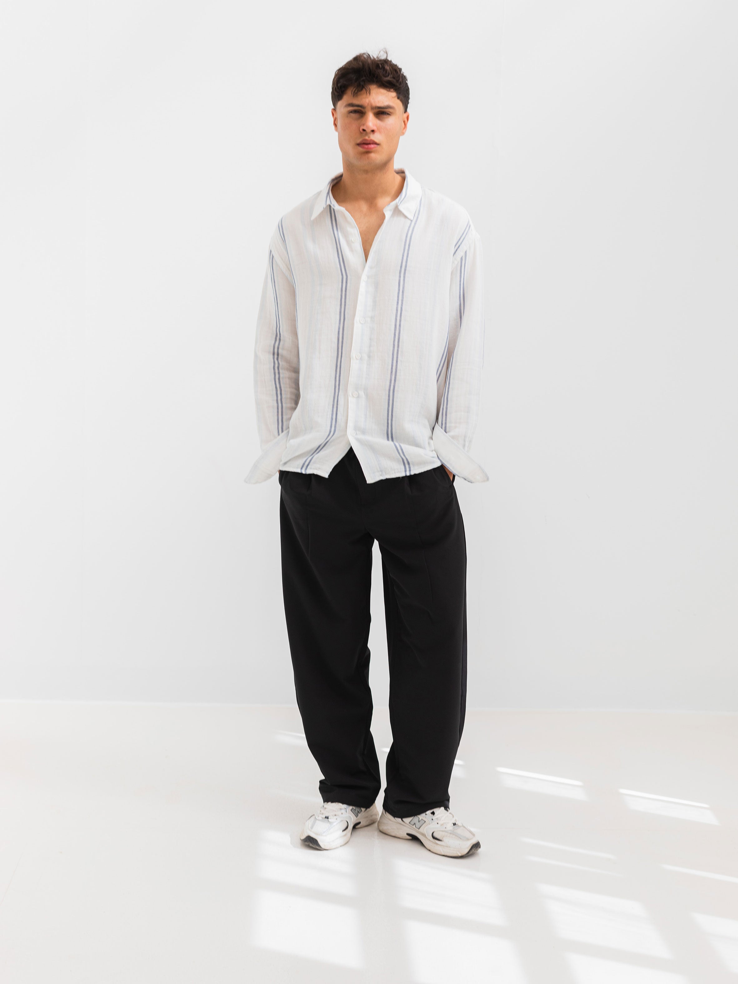 OVERSIZE FIT LINEN-COTTON SHIRT - Striped Sky Blue
