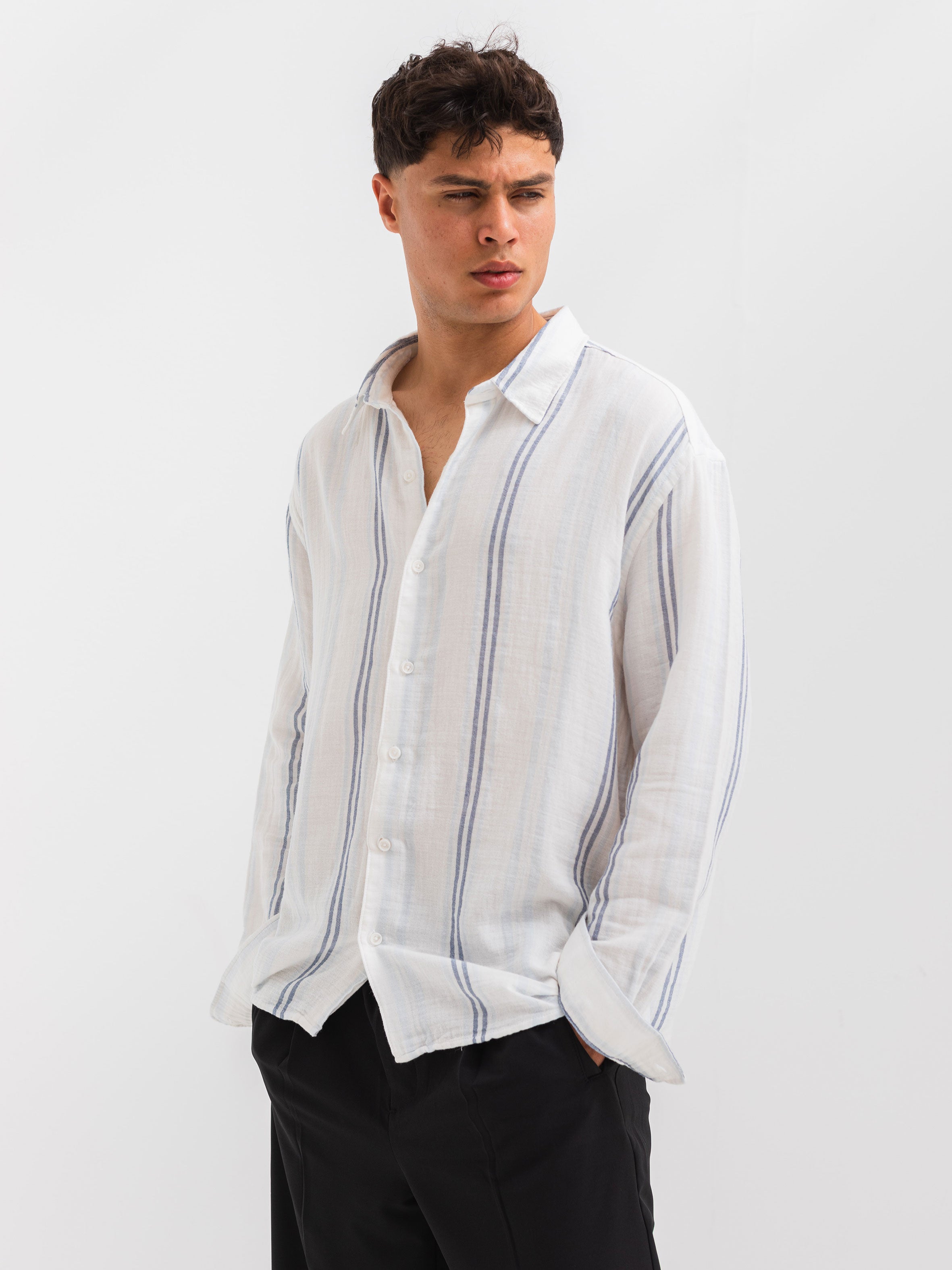 OVERSIZE FIT LINEN-COTTON SHIRT - Striped Sky Blue