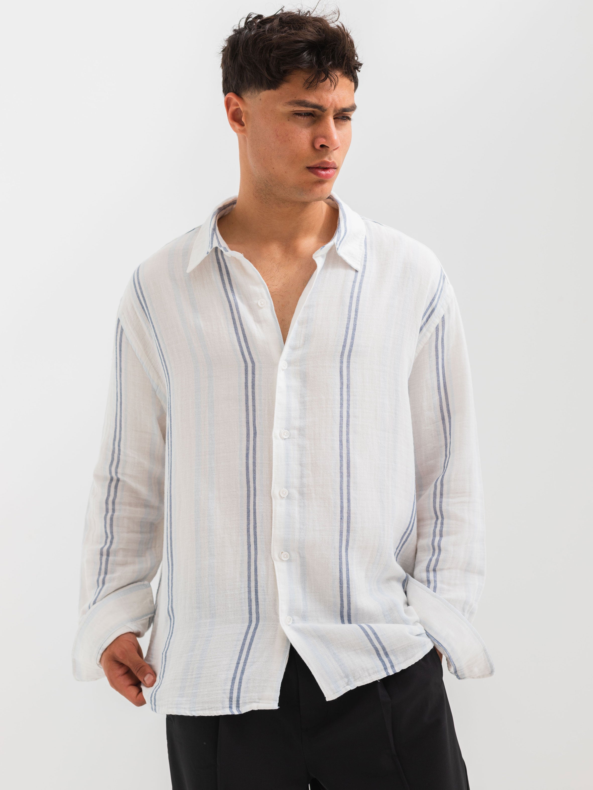 OVERSIZE FIT LINEN-COTTON SHIRT - Striped Sky Blue