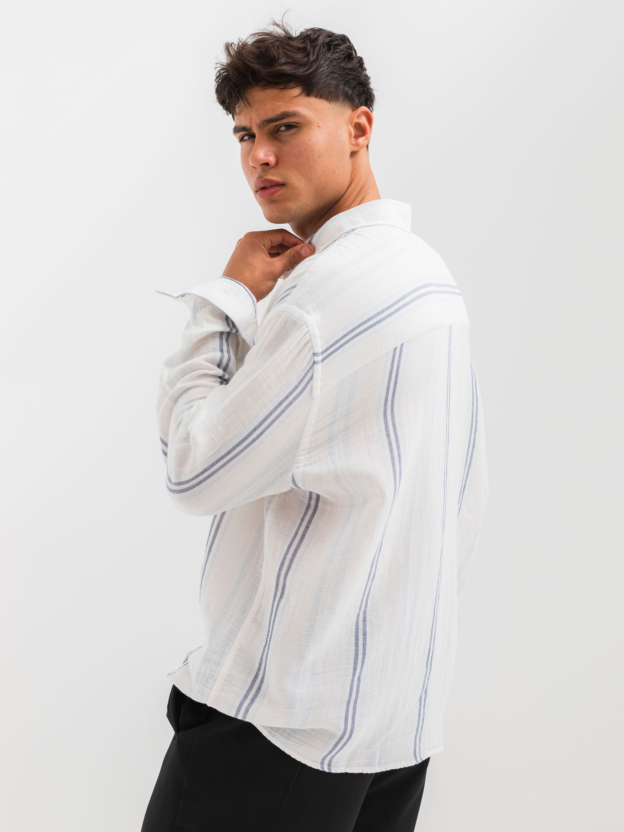 OVERSIZE FIT LINEN-COTTON SHIRT - Striped Sky Blue