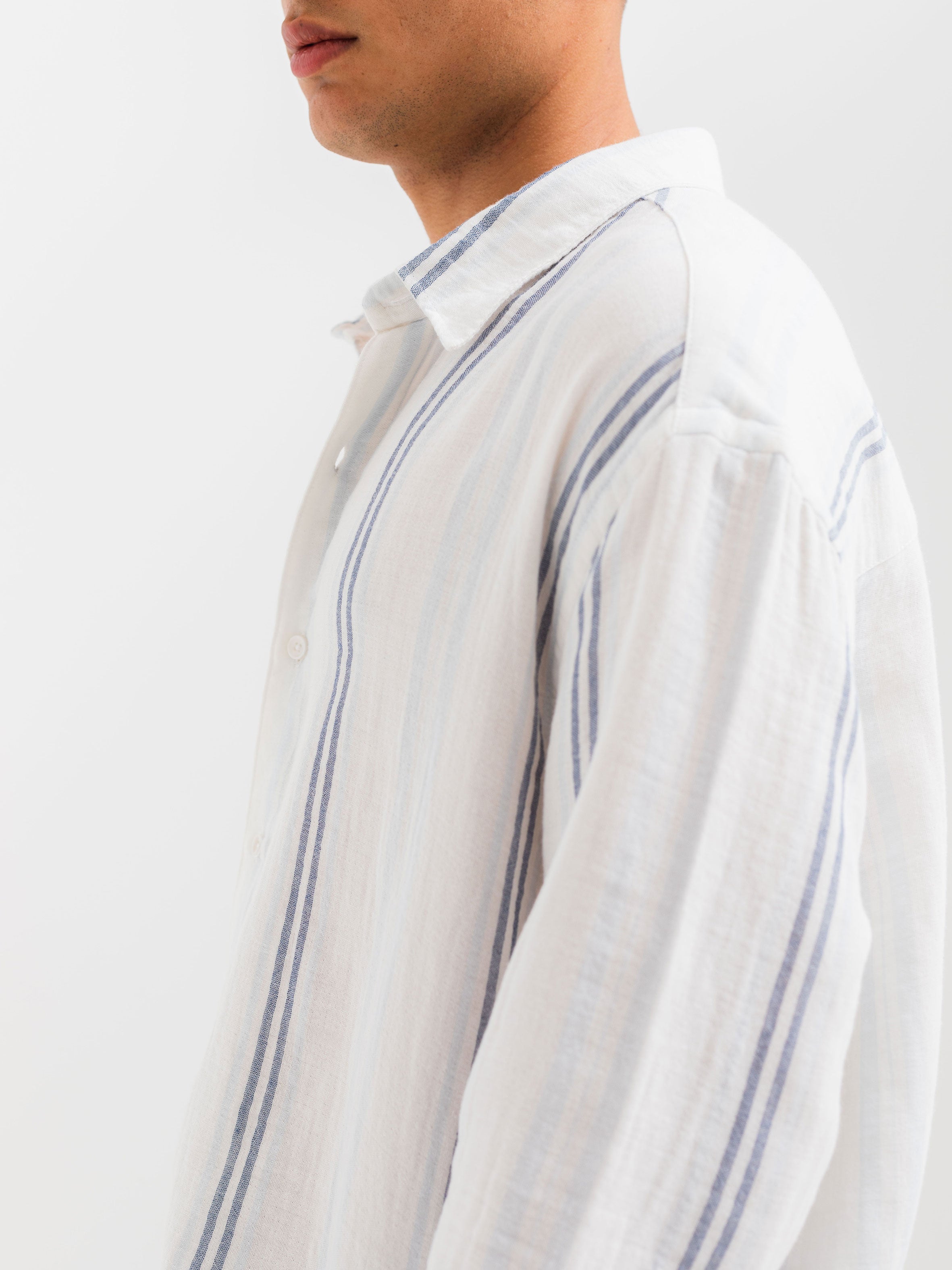 OVERSIZE FIT LINEN-COTTON SHIRT - Striped Sky Blue