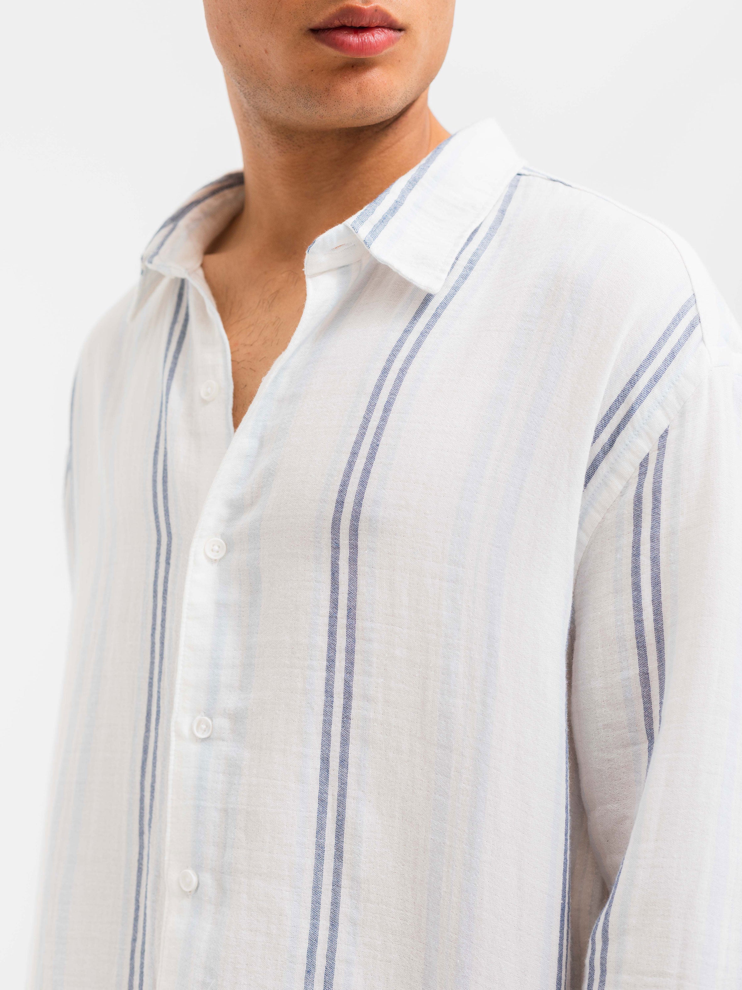 OVERSIZE FIT LINEN-COTTON SHIRT - Striped Sky Blue