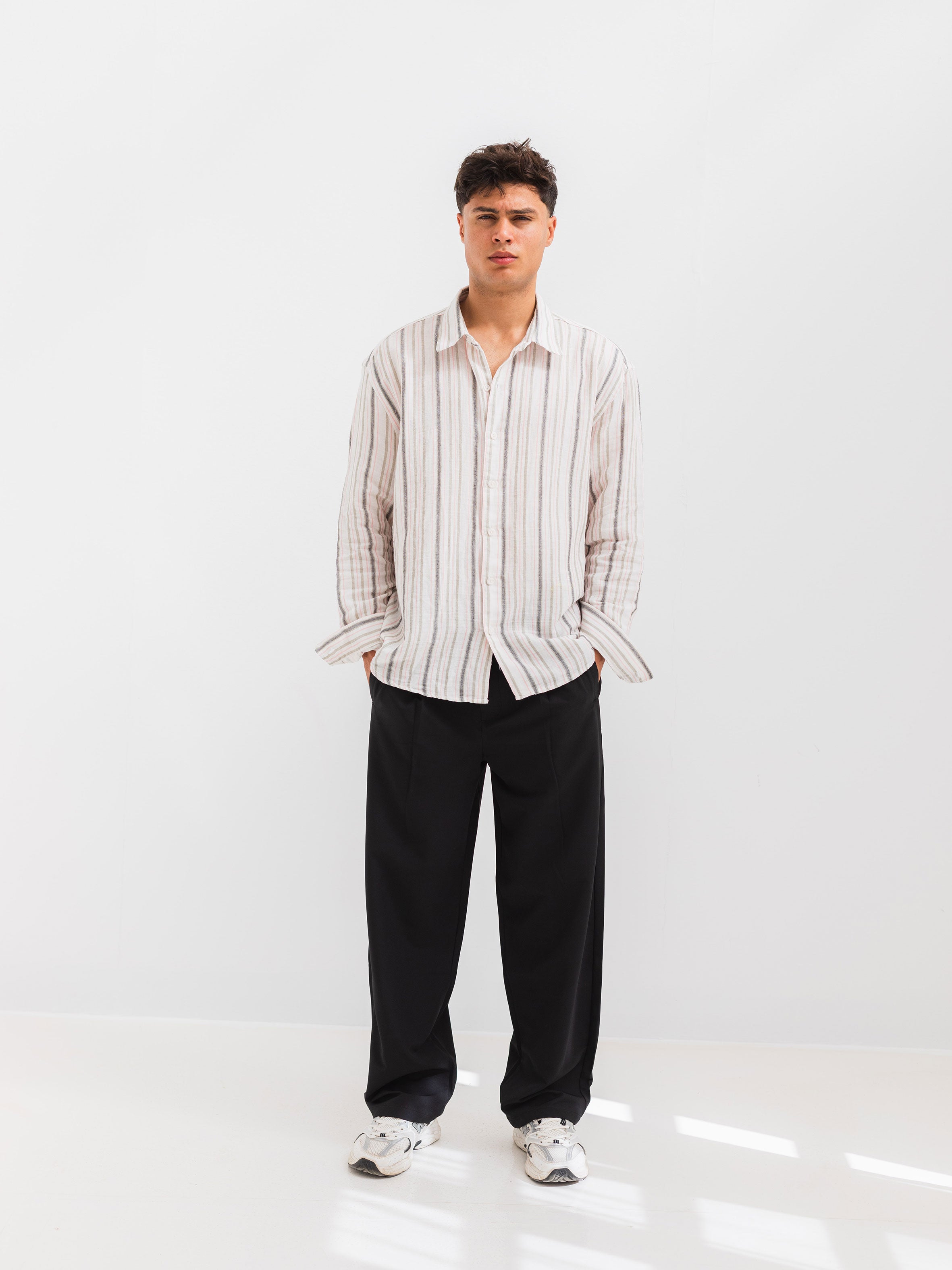 OVERSIZE FIT LINEN-COTTON SHIRT - Striped Pink