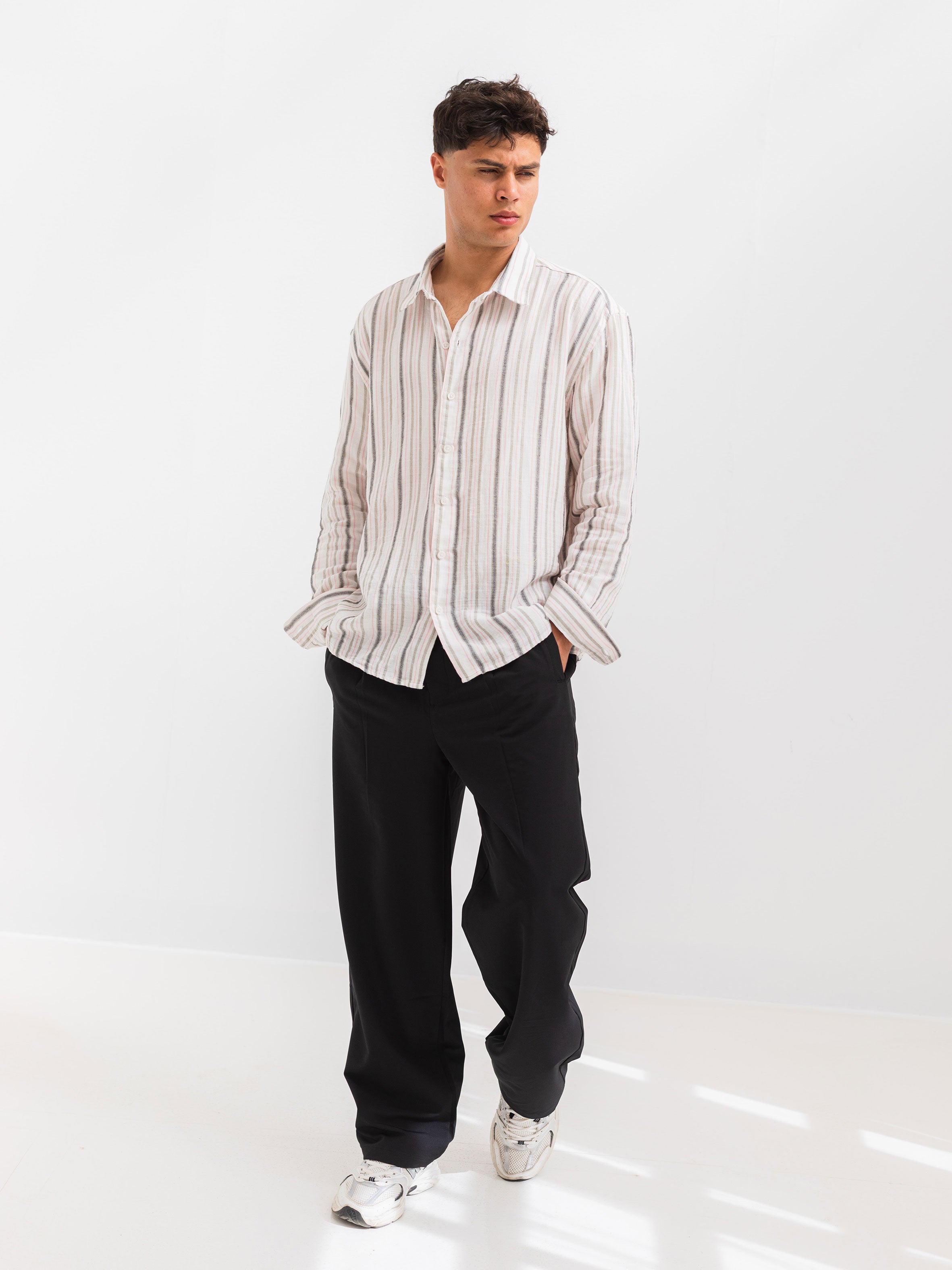 OVERSIZE FIT LINEN-COTTON SHIRT - Striped Pink