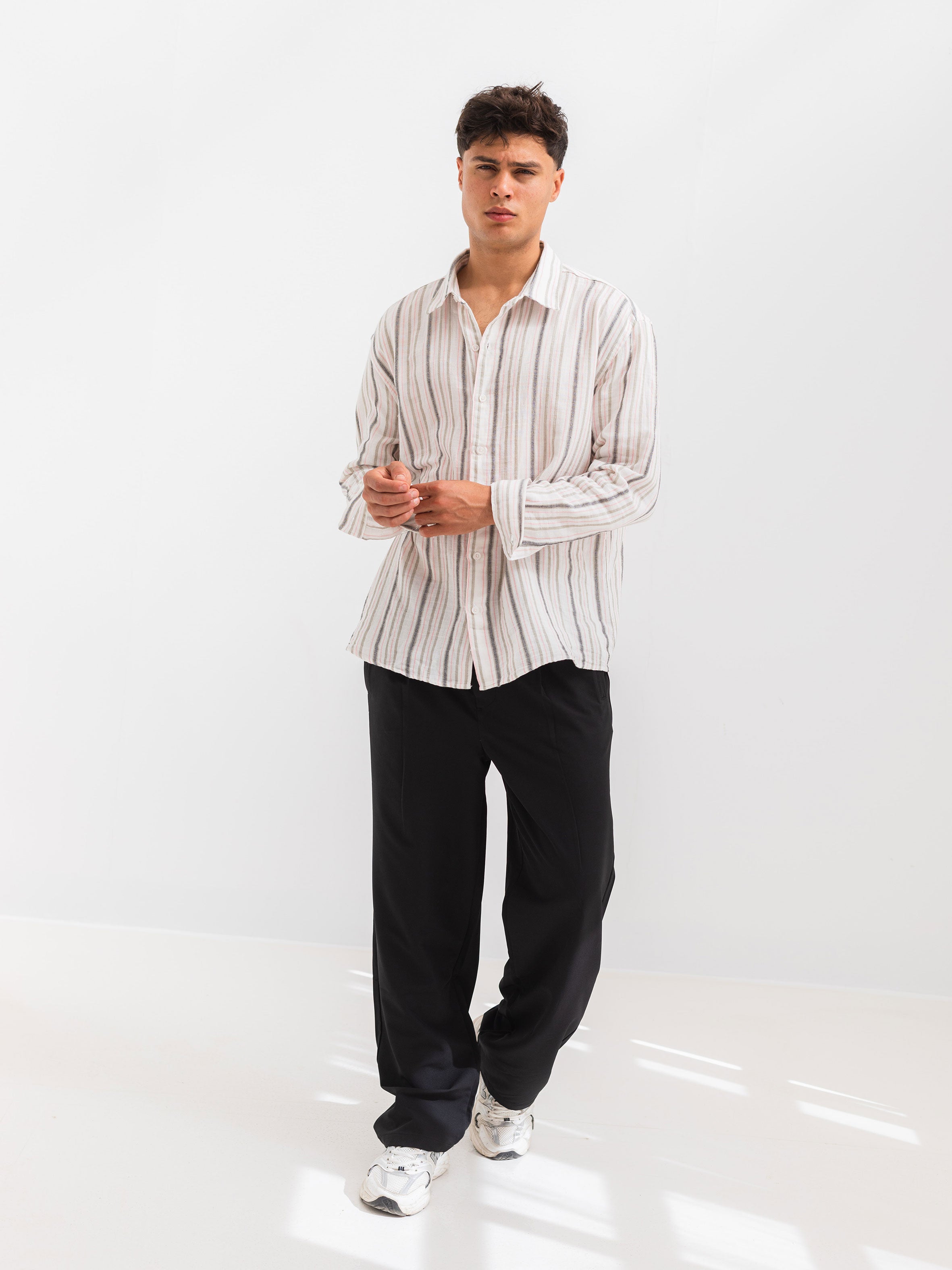 OVERSIZE FIT LINEN-COTTON SHIRT - Striped Pink
