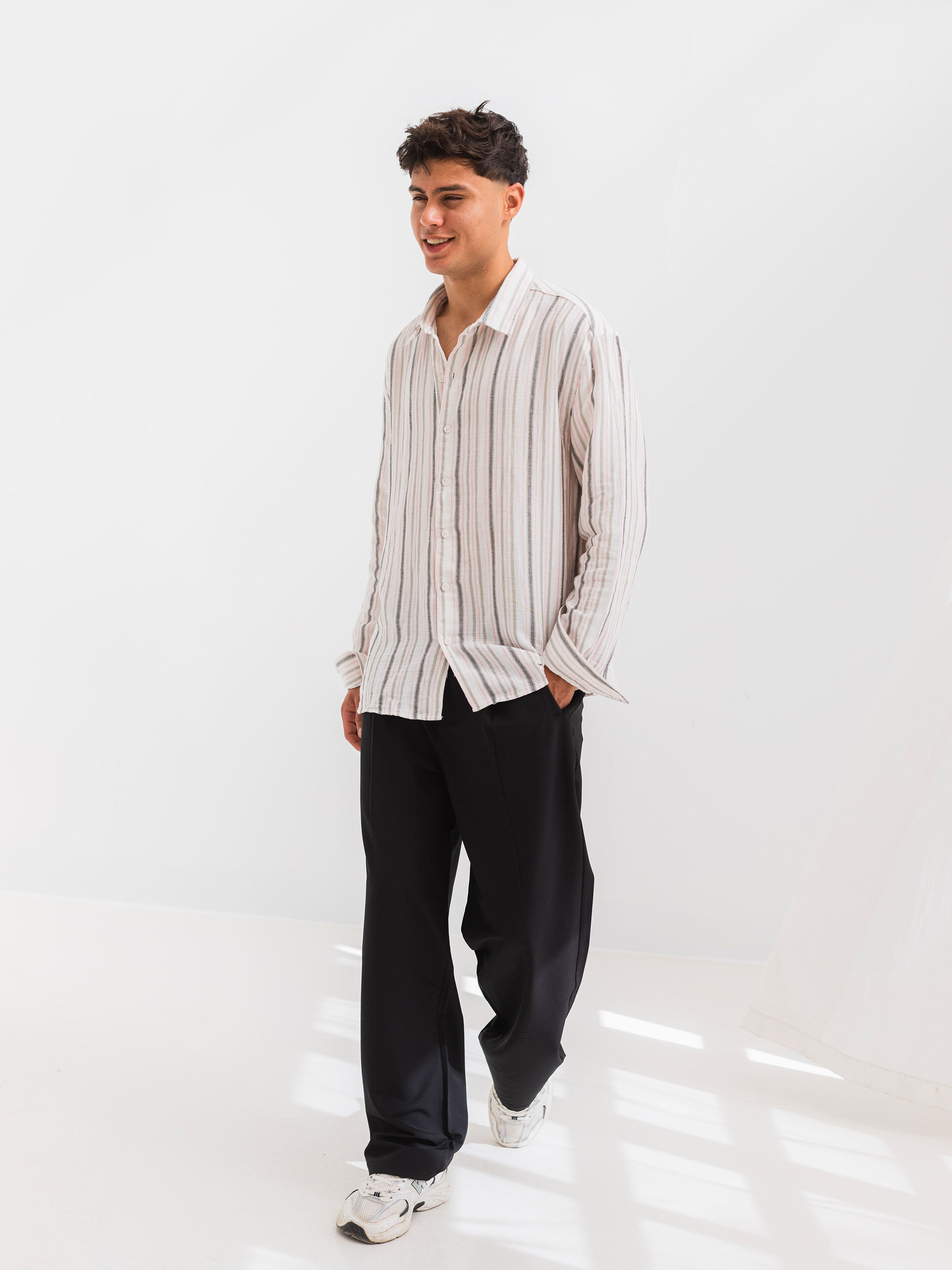 OVERSIZE FIT LINEN-COTTON SHIRT - Striped Pink