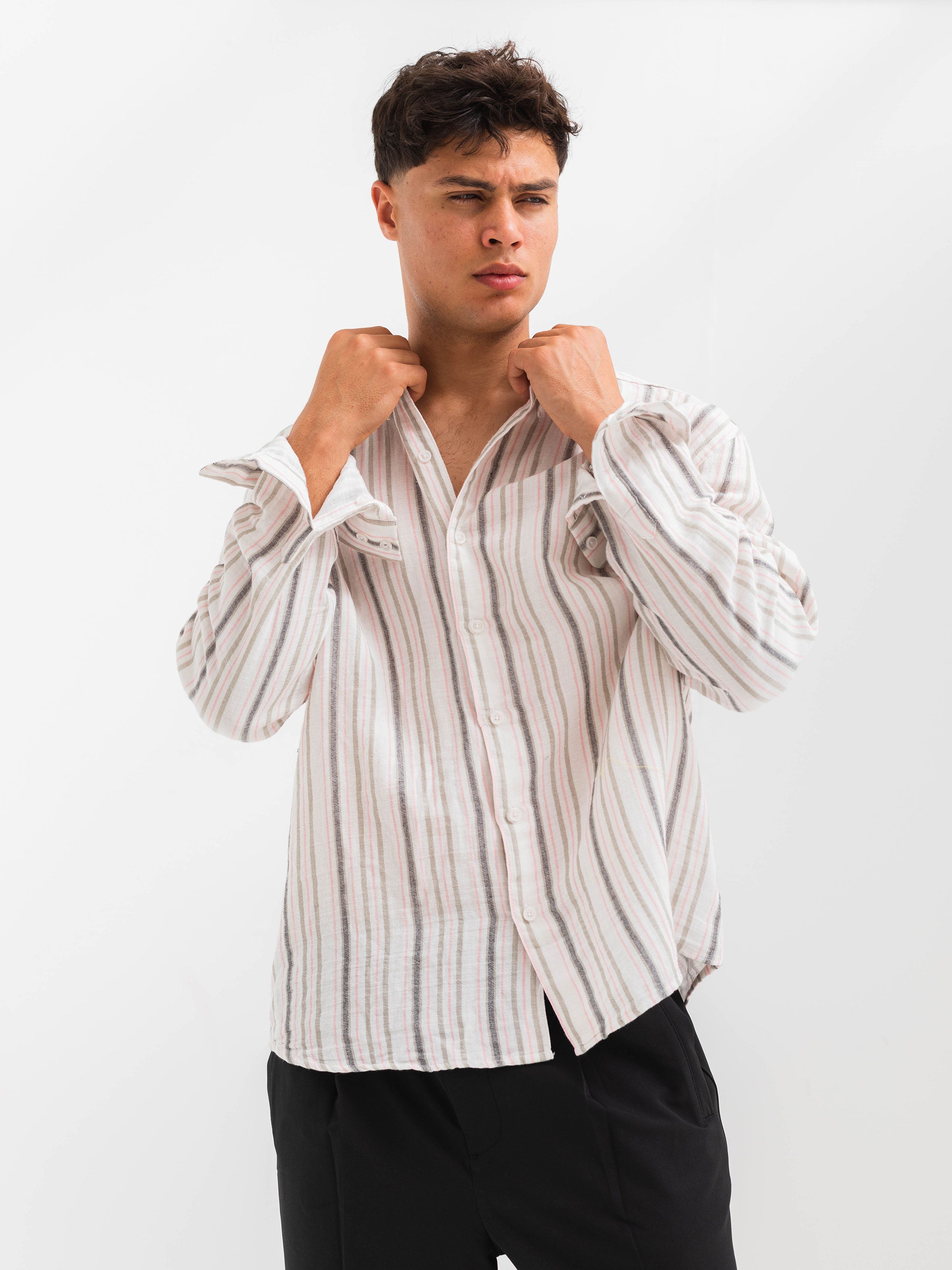 OVERSIZE FIT LINEN-COTTON SHIRT - Striped Pink