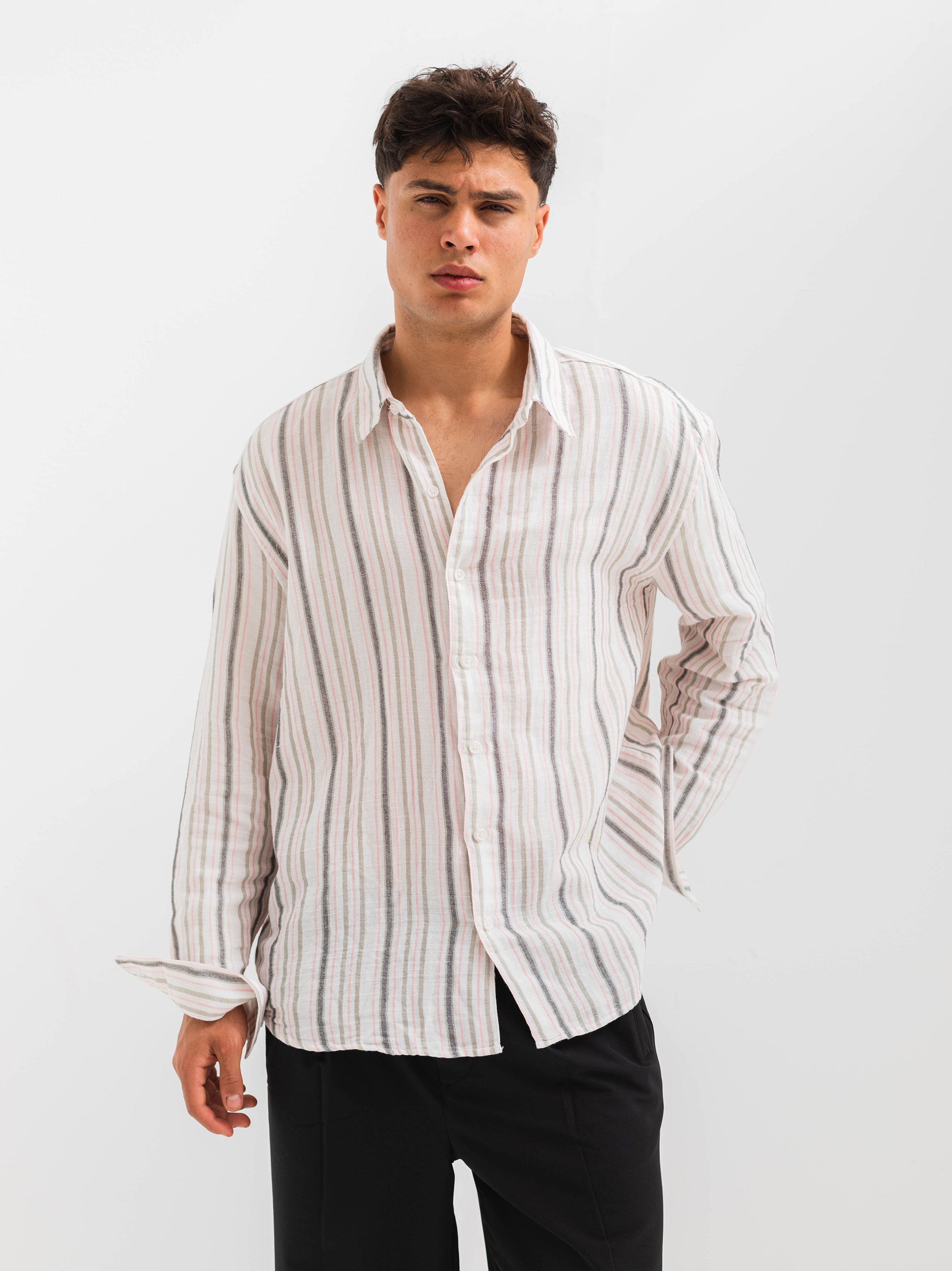 OVERSIZE FIT LINEN-COTTON SHIRT - Striped Pink