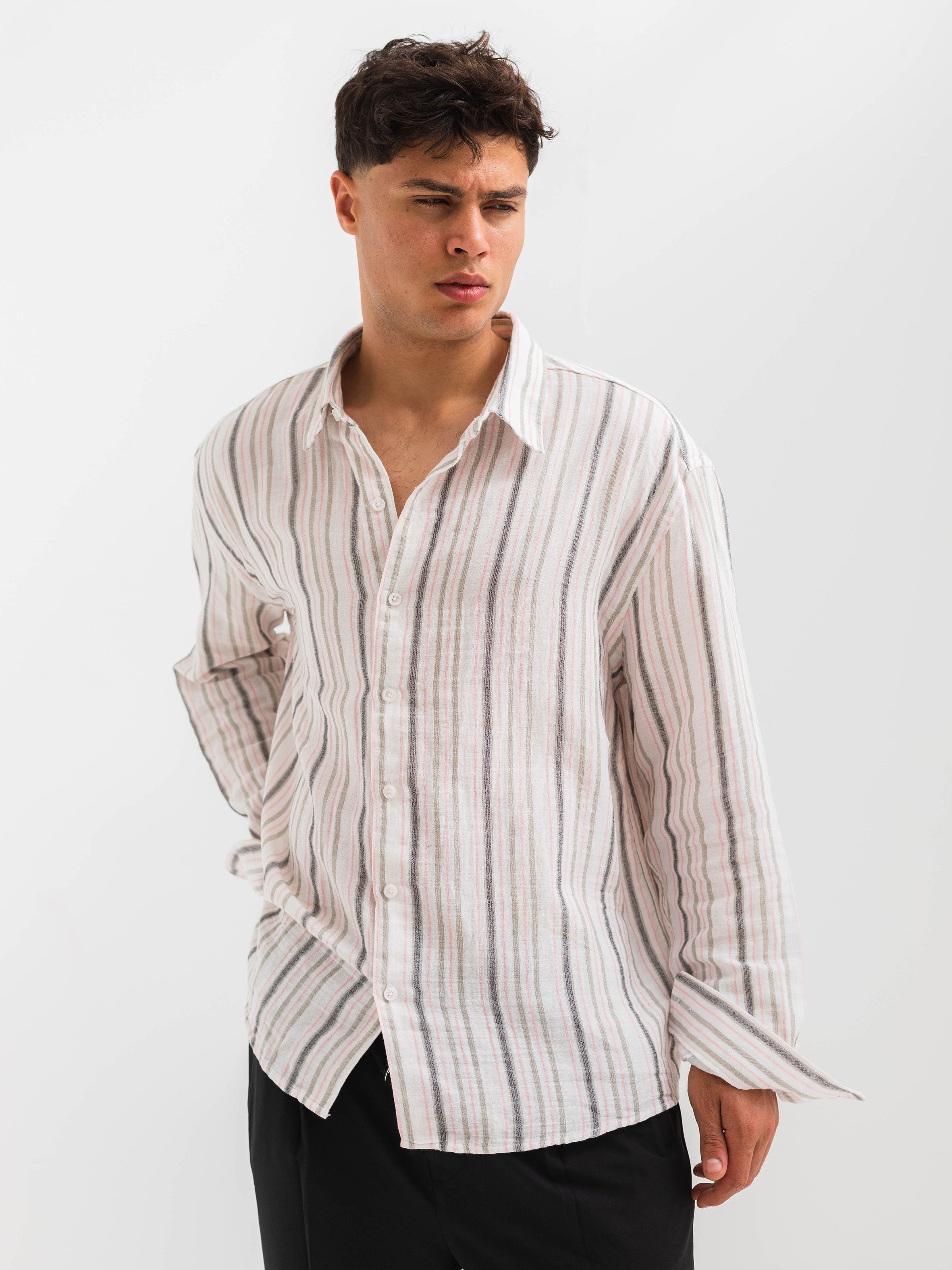 OVERSIZE FIT LINEN-COTTON SHIRT - Striped Pink