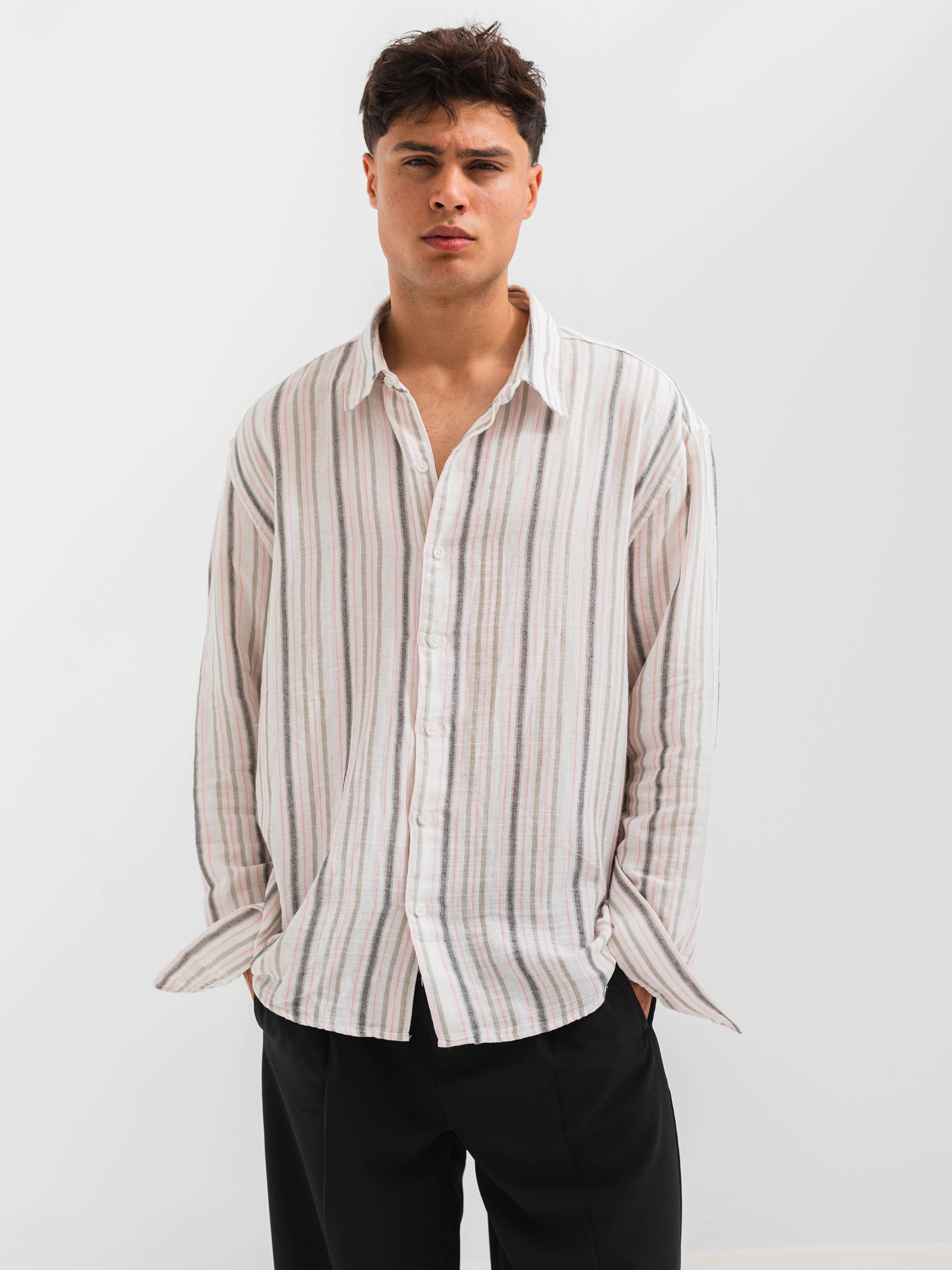 OVERSIZE FIT LINEN-COTTON SHIRT - Striped Pink