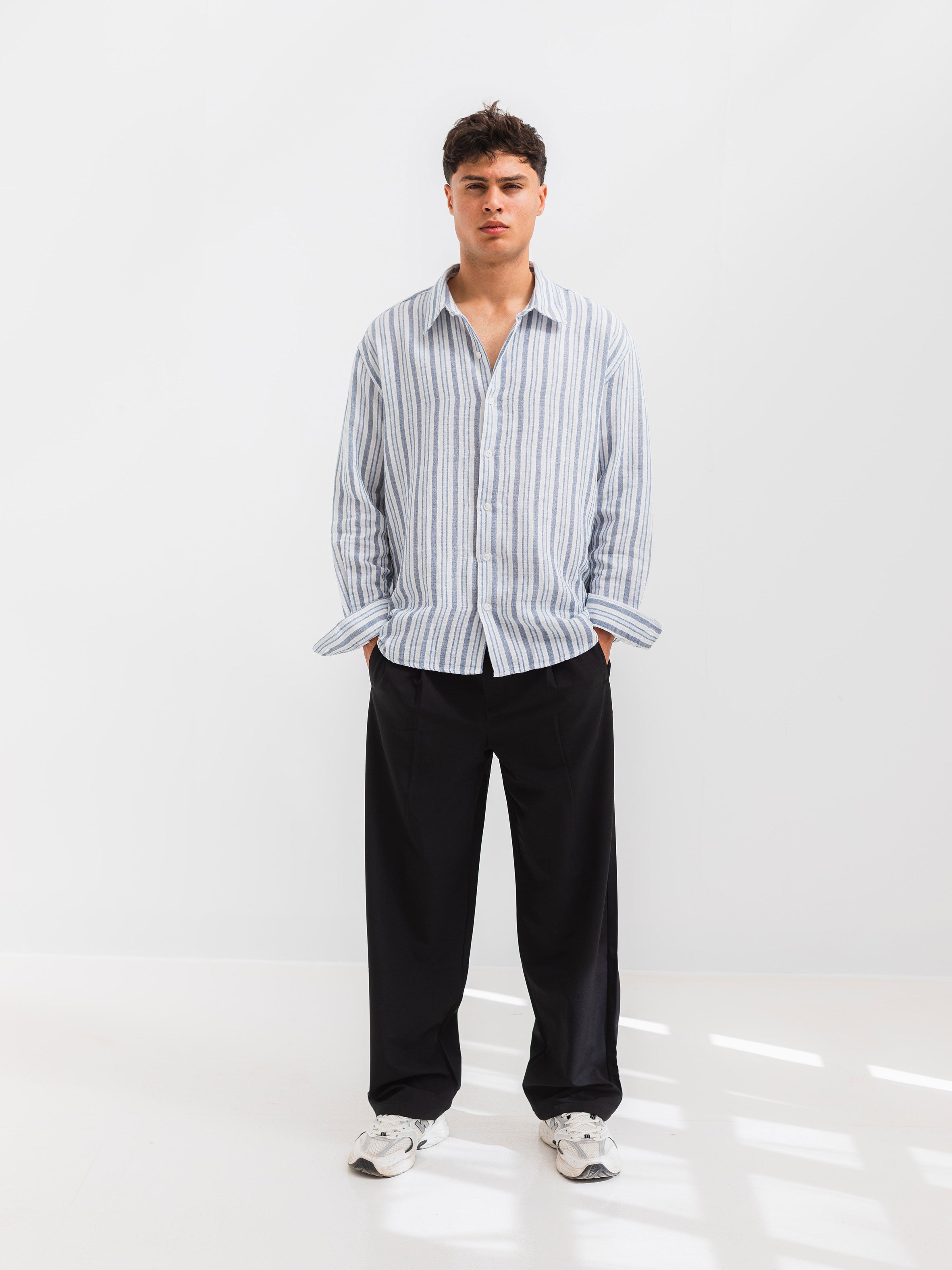 OVERSIZE FIT LINEN-COTTON SHIRT - Striped Navy