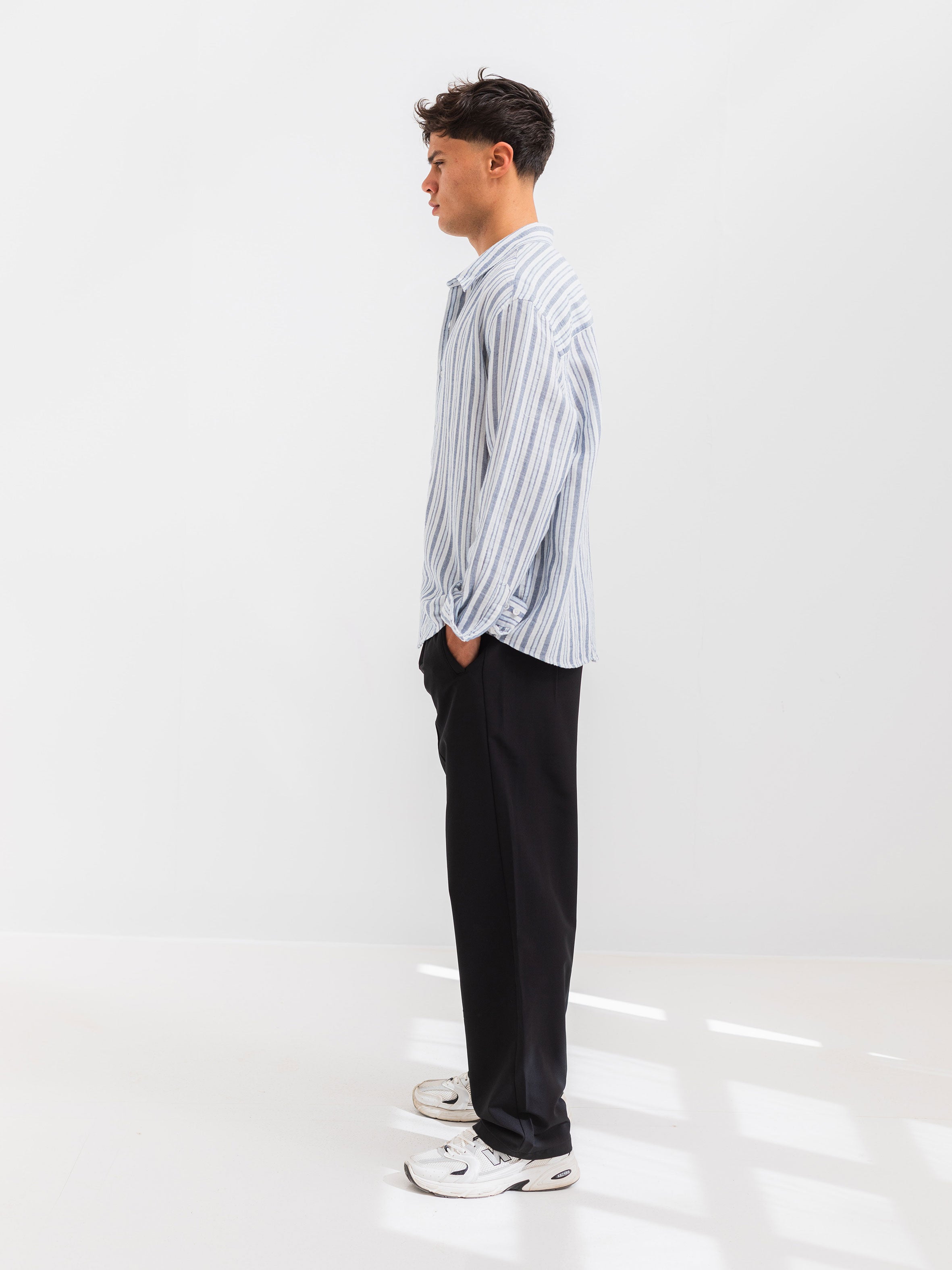 OVERSIZE FIT LINEN-COTTON SHIRT - Striped Navy