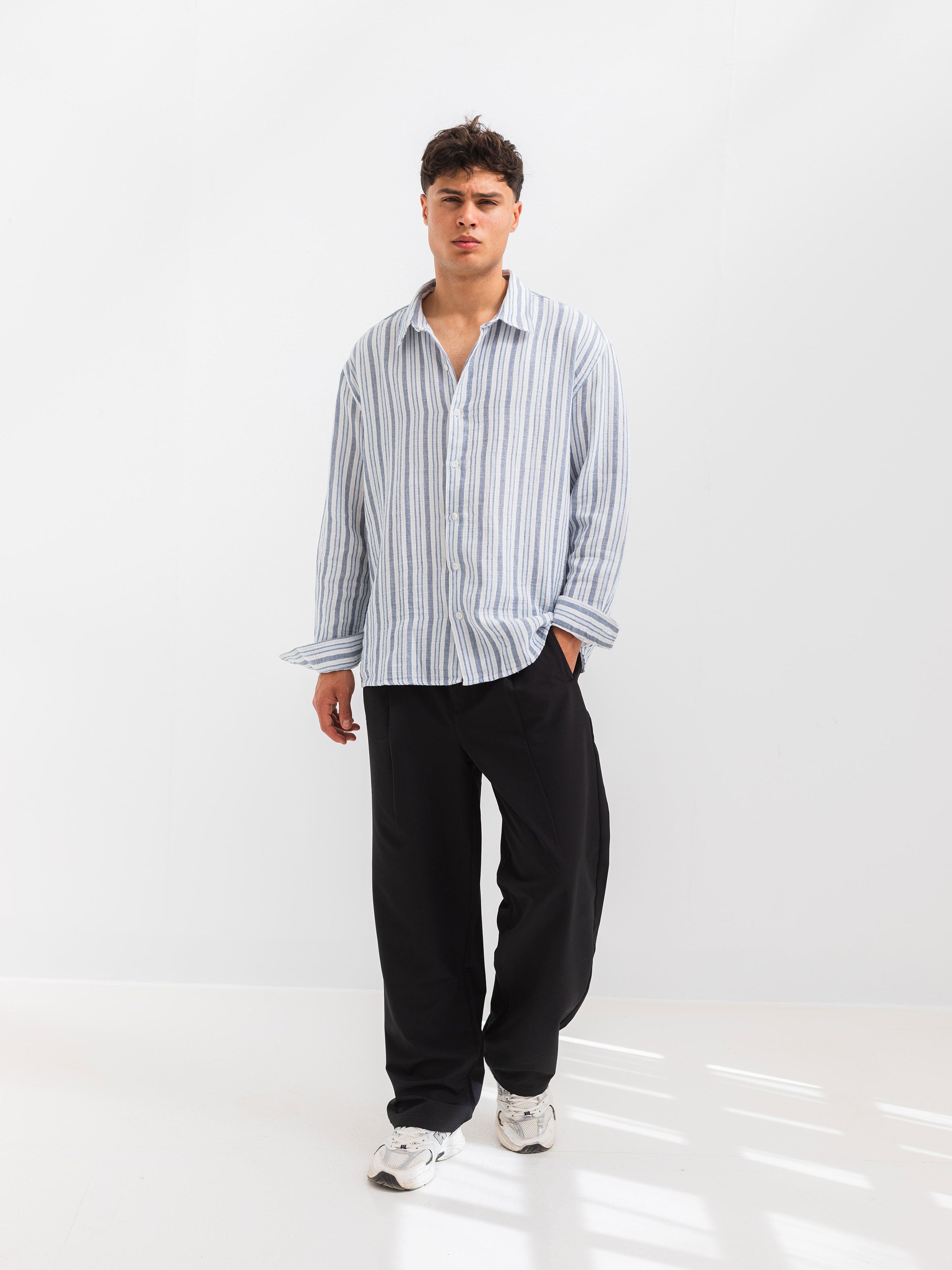 OVERSIZE FIT LINEN-COTTON SHIRT - Striped Navy